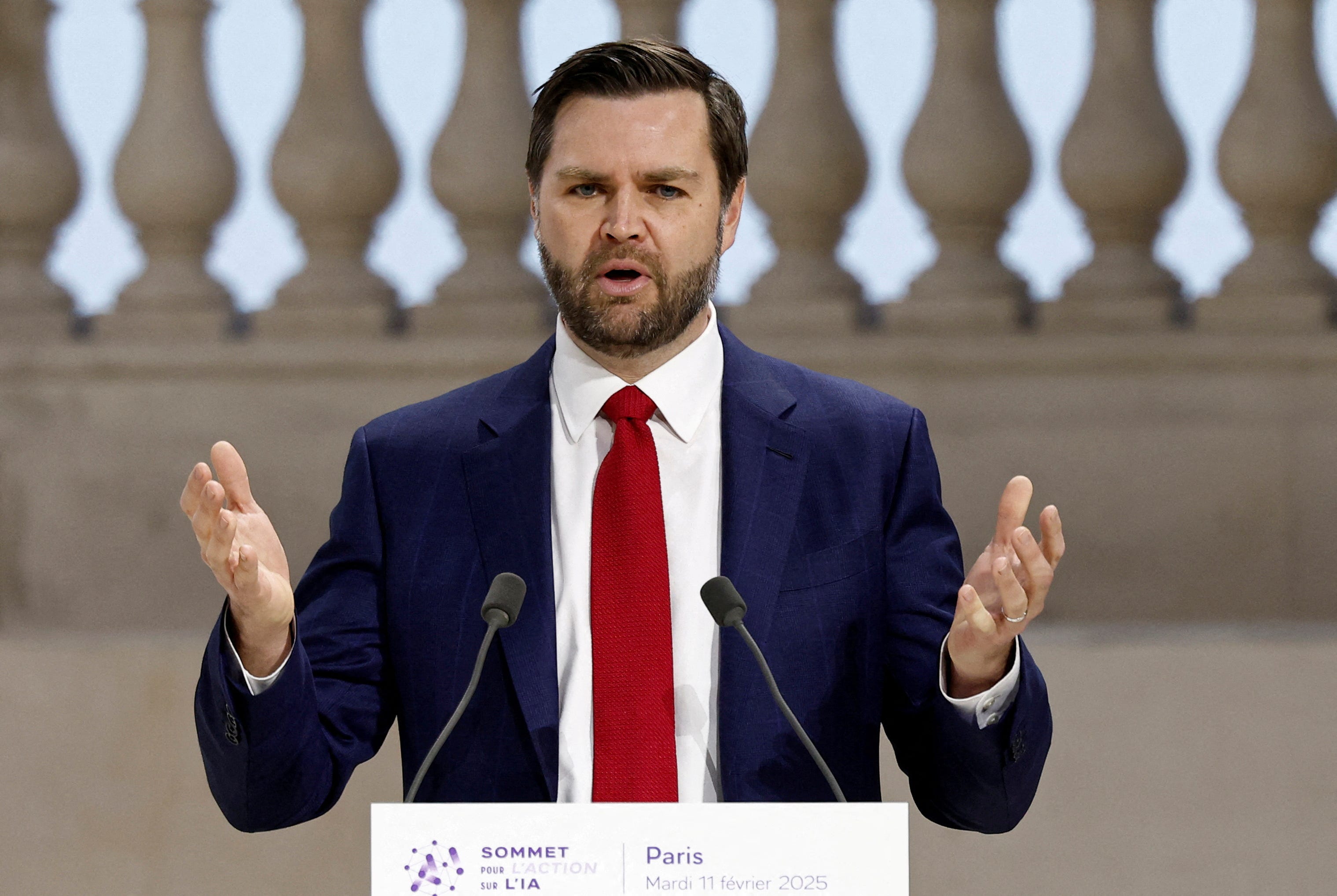 FILE PHOTO: U.S. Vice President JD Vance delivers a speech during the plenary session of the Artificial Intelligence (AI) Action Summit at the Grand Palais in Paris, France, February 11, 2025. REUTERS/Benoit Tessier/File Photo