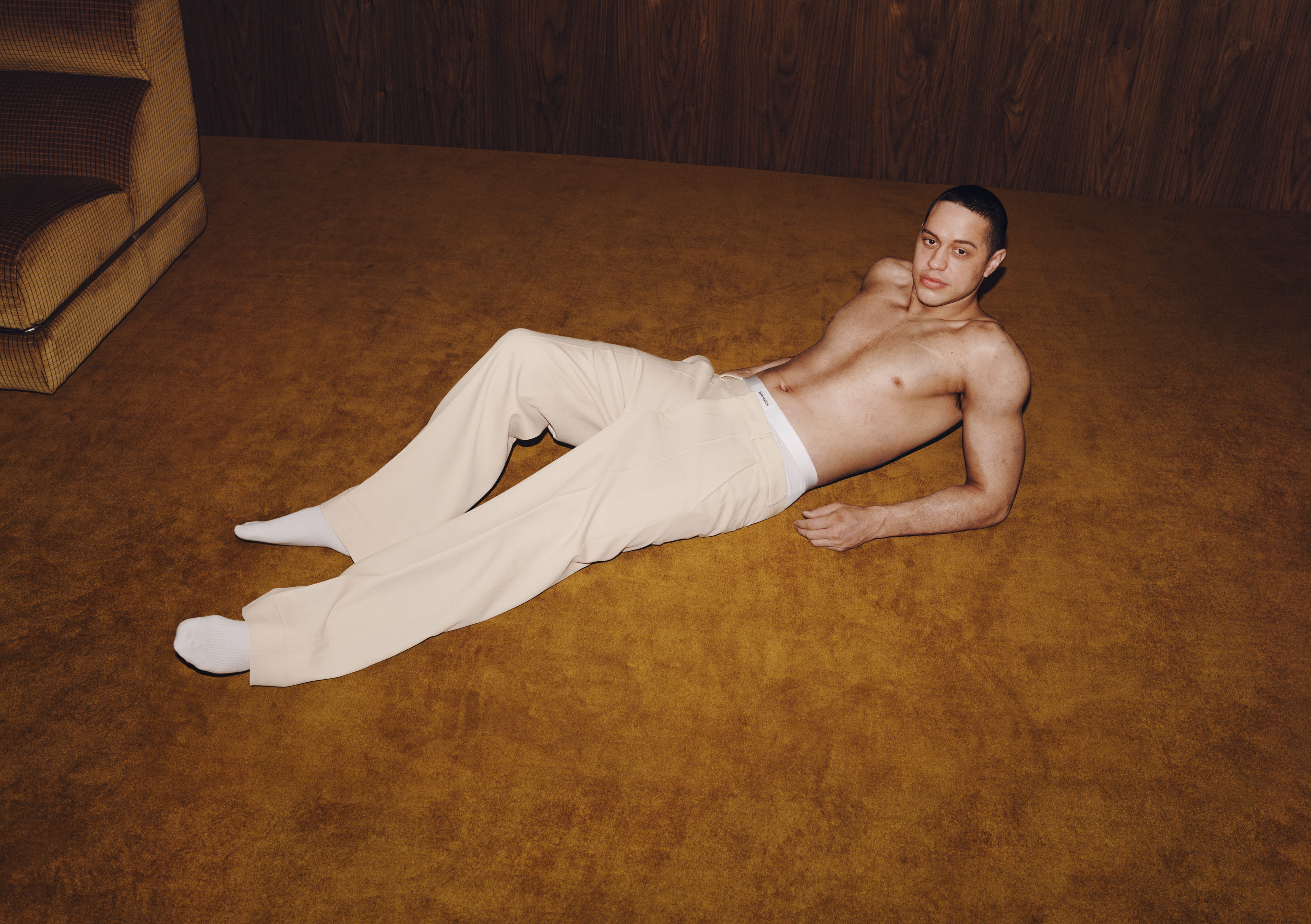 Pete Davidson flaunts tattoo free body in Reformation ad.