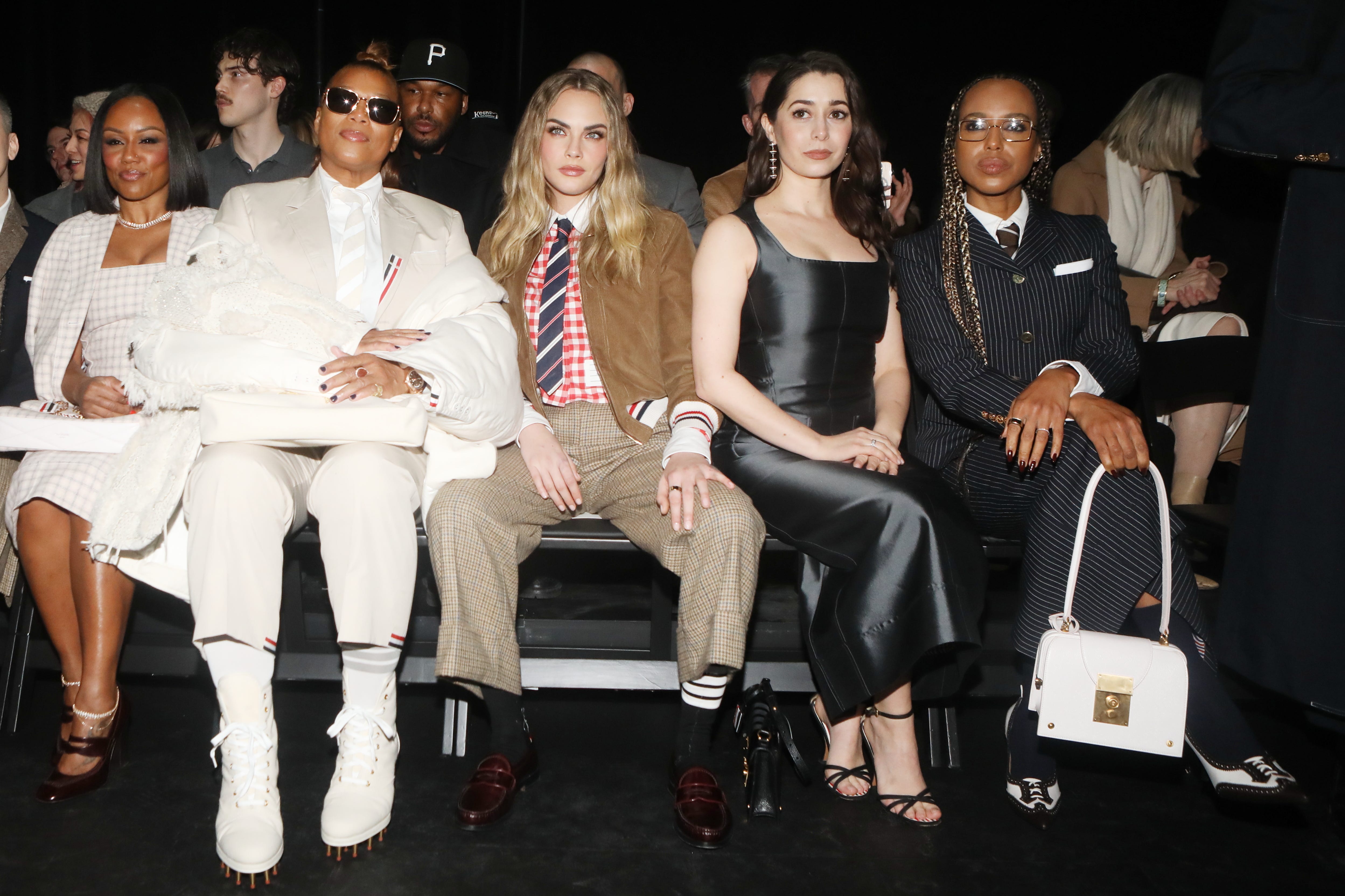 Eboni Nichols, Queen Latifah, Cara Delevingne, Cristin Milioti and Kerry Washington attend the Thom Browne fashion show during New York Fashion Week on Feb. 11, 2025, in New York City.