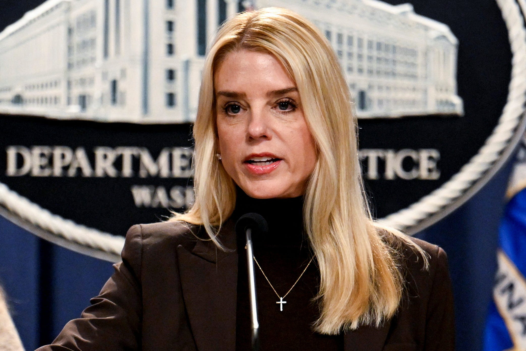 Attorney General Pam Bondi speaks as she announces an immigration enforcement action during her first press conference at the Justice Department in Washington, D.C., U.S., Feb. 12, 2025.