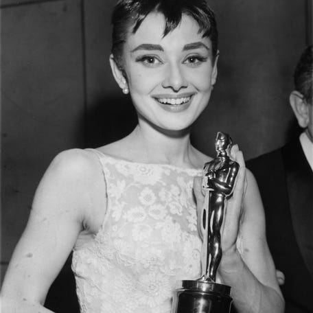 Audrey Hepburn, winner, Actress (ROMAN HOLIDAY), at the New York presentation, 1953 (26th) Academy Awards ceremony.