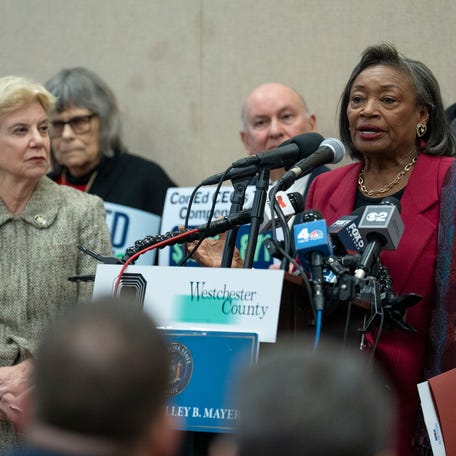 State Senator Andrea Stewart-Cousins, speaks to Westchester residents attending a Con Ed rate hike rally at Westchester County Center in White Plains on Friday, February 14, 2025.