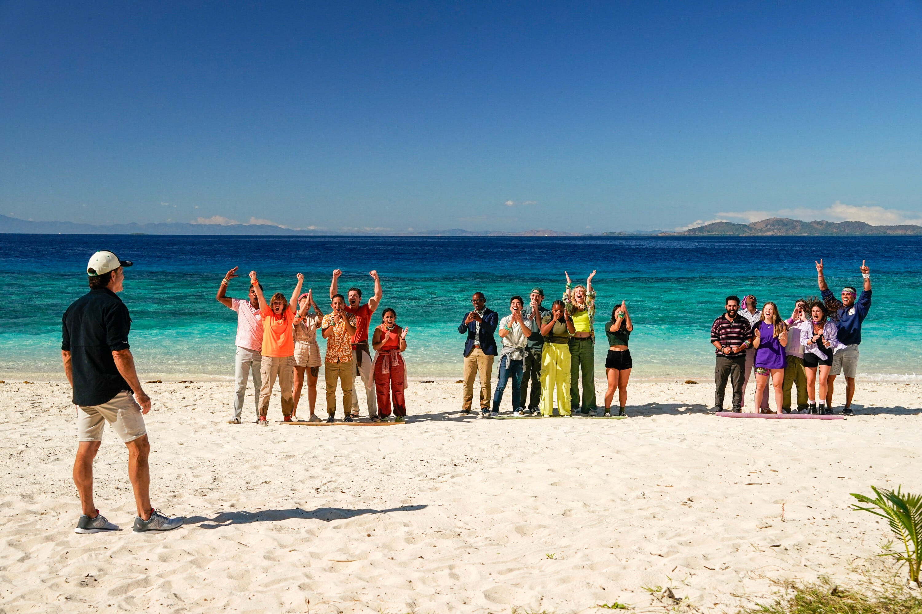 Host Jeff Probst and the cast of "Survivor" 48 in the premiere episode airing on Feb. 26, 2025.