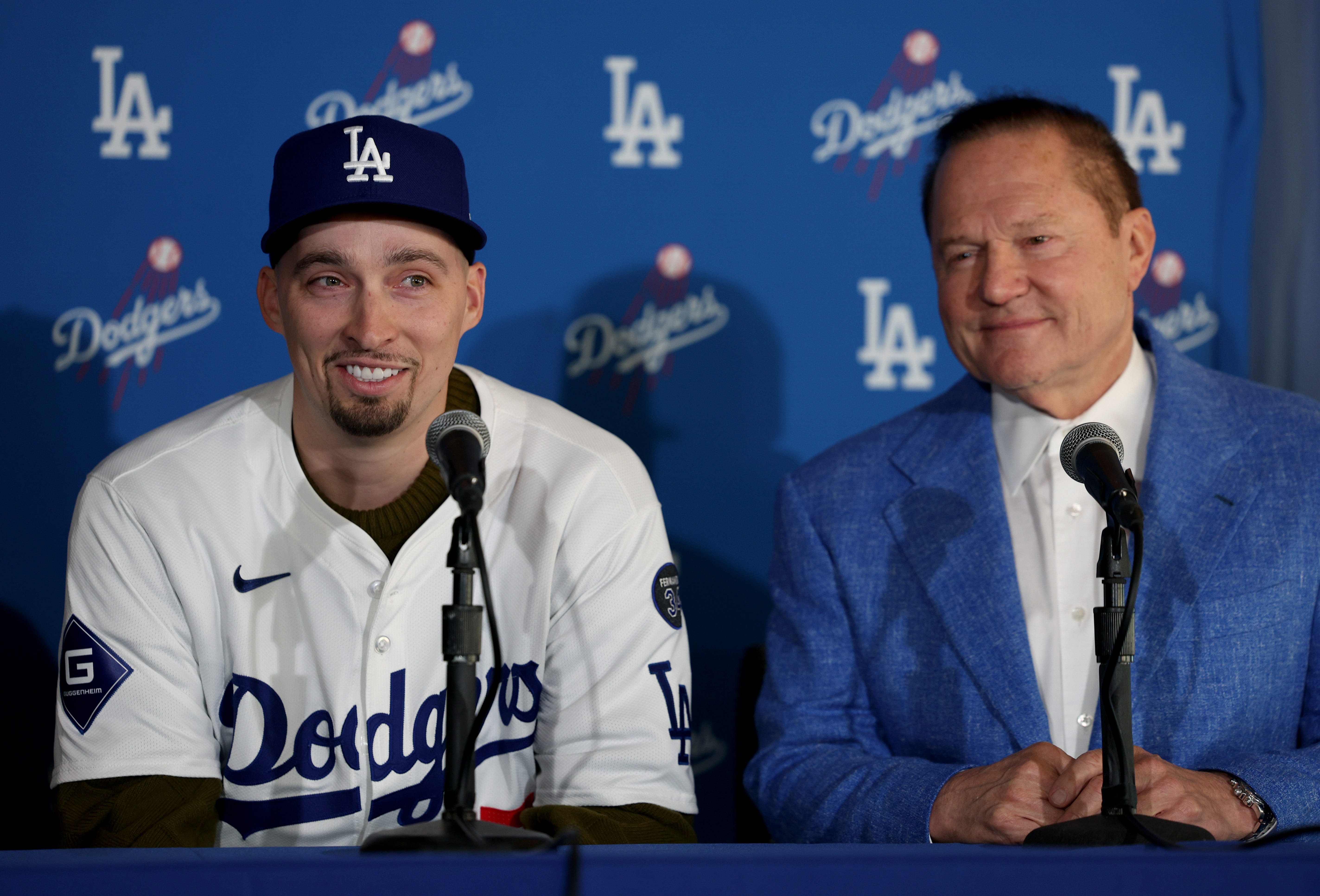 Blake Snell and agent Scott Boras at press conference introducing Snell at Dodger Stadium.