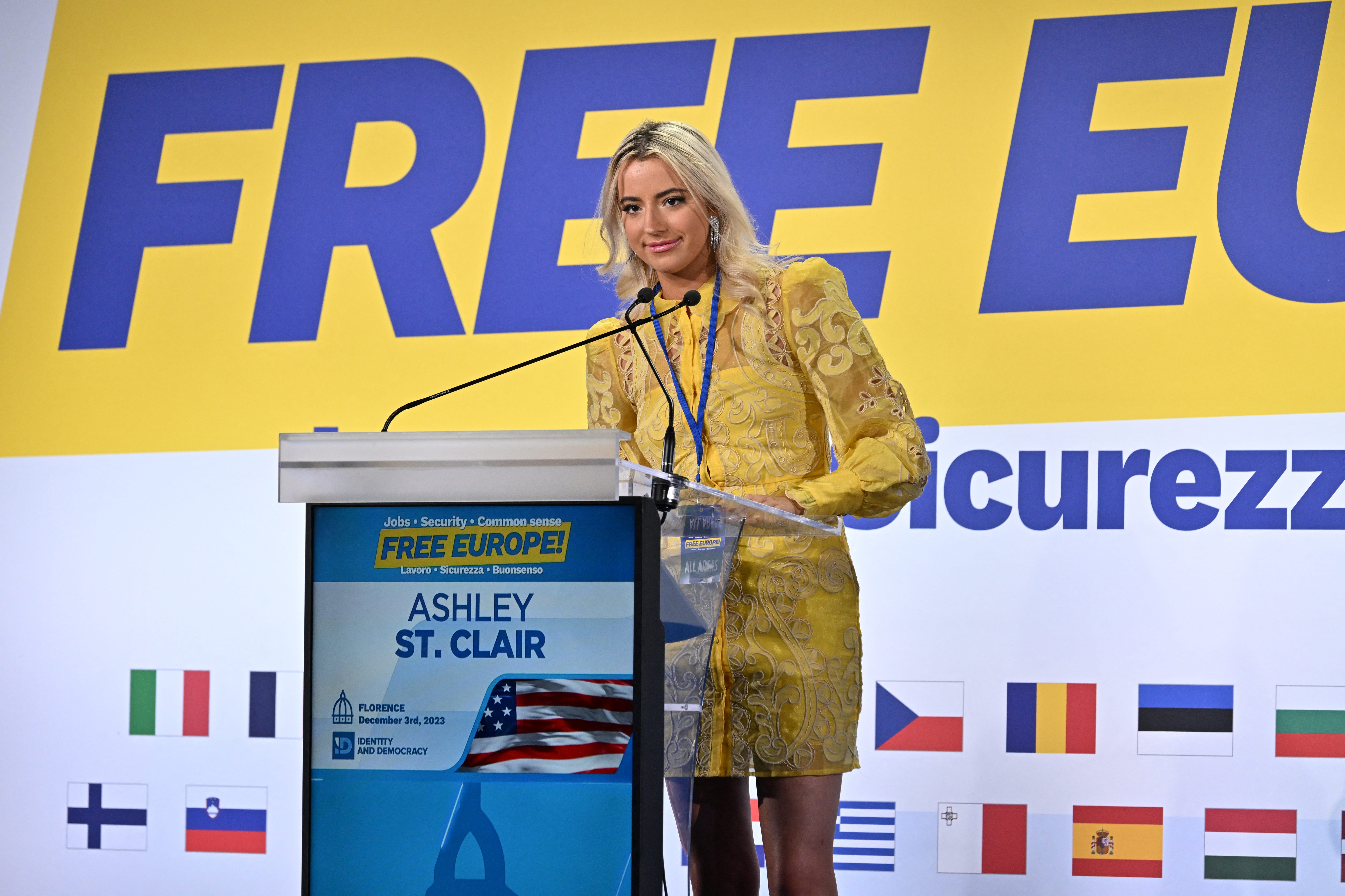 U.S. author Ashley St. Clair delivers a speech during a convention of the European Parliament leaders of Identity and Democracy group (ID), on December 3, 2023 in Florence, Italy.