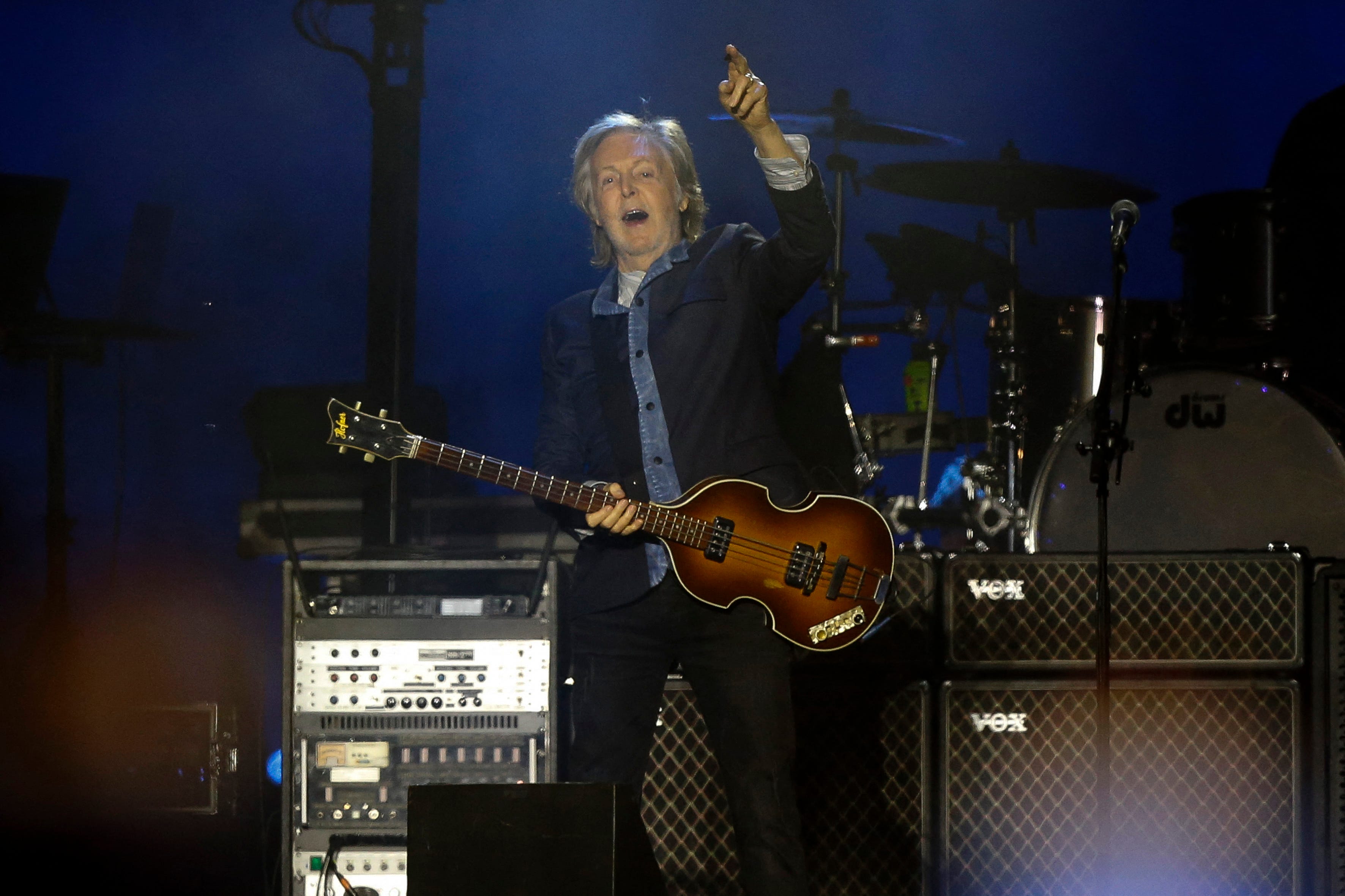 British musician Sir Paul McCartney performs as part of his 'Got Back' tour, at the Allianz Parque stadium in Sao Paulo, Brazil, on Oct. 15, 2024.