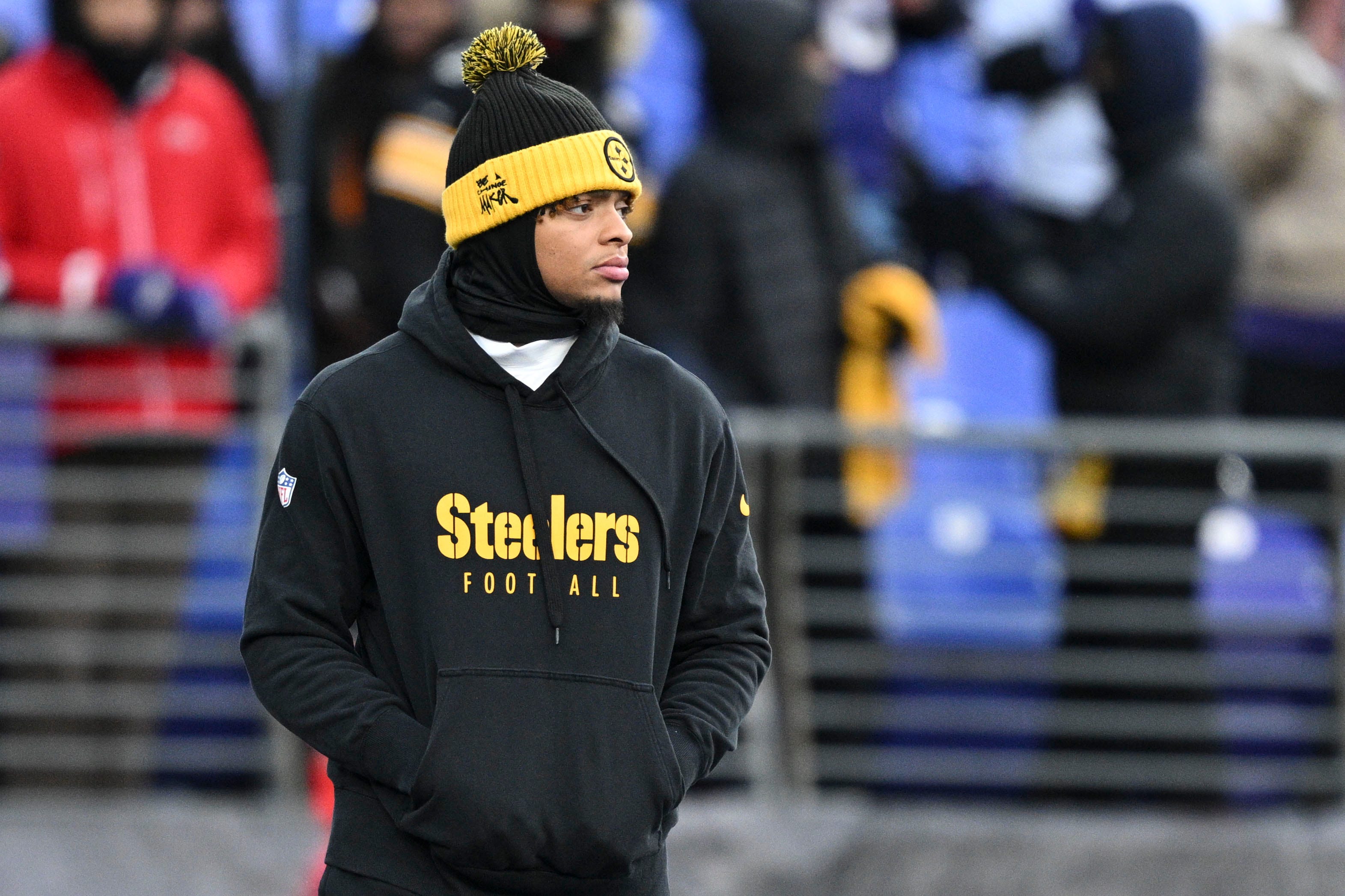 Pittsburgh Steelers quarterback Justin Fields (2) walks the field before the game against the Baltimore Ravens at M&T Bank Stadium.