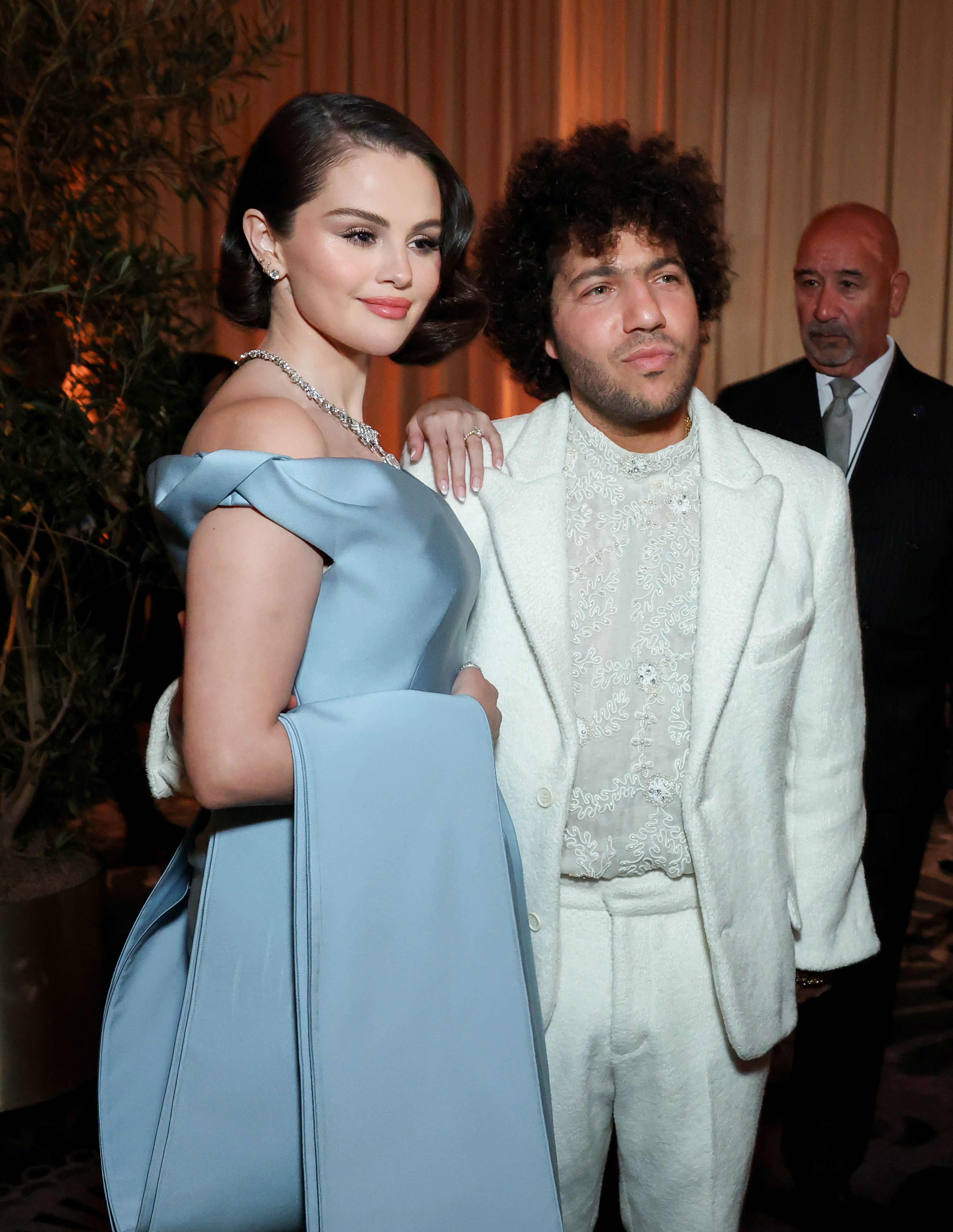 Selena Gomez and Benny Blanco attend the 82nd Annual Golden Globe Awards at The Beverly Hilton on Jan. 5, 2025, in Beverly Hills, California.