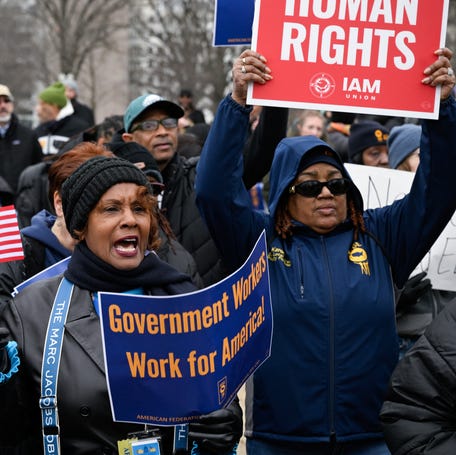 Demonstrators rally in Washington, DC, on Feb. 11, 2025, to support federal workers.