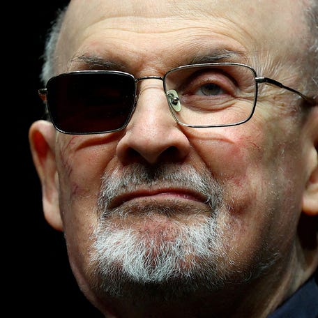 Author Salman Rushdie poses during a photocall ahead of the presentation of his book "Knife: Meditations After an Attempted Murder" at the Deutsches Theater in Berlin, Germany, May 16, 2024.