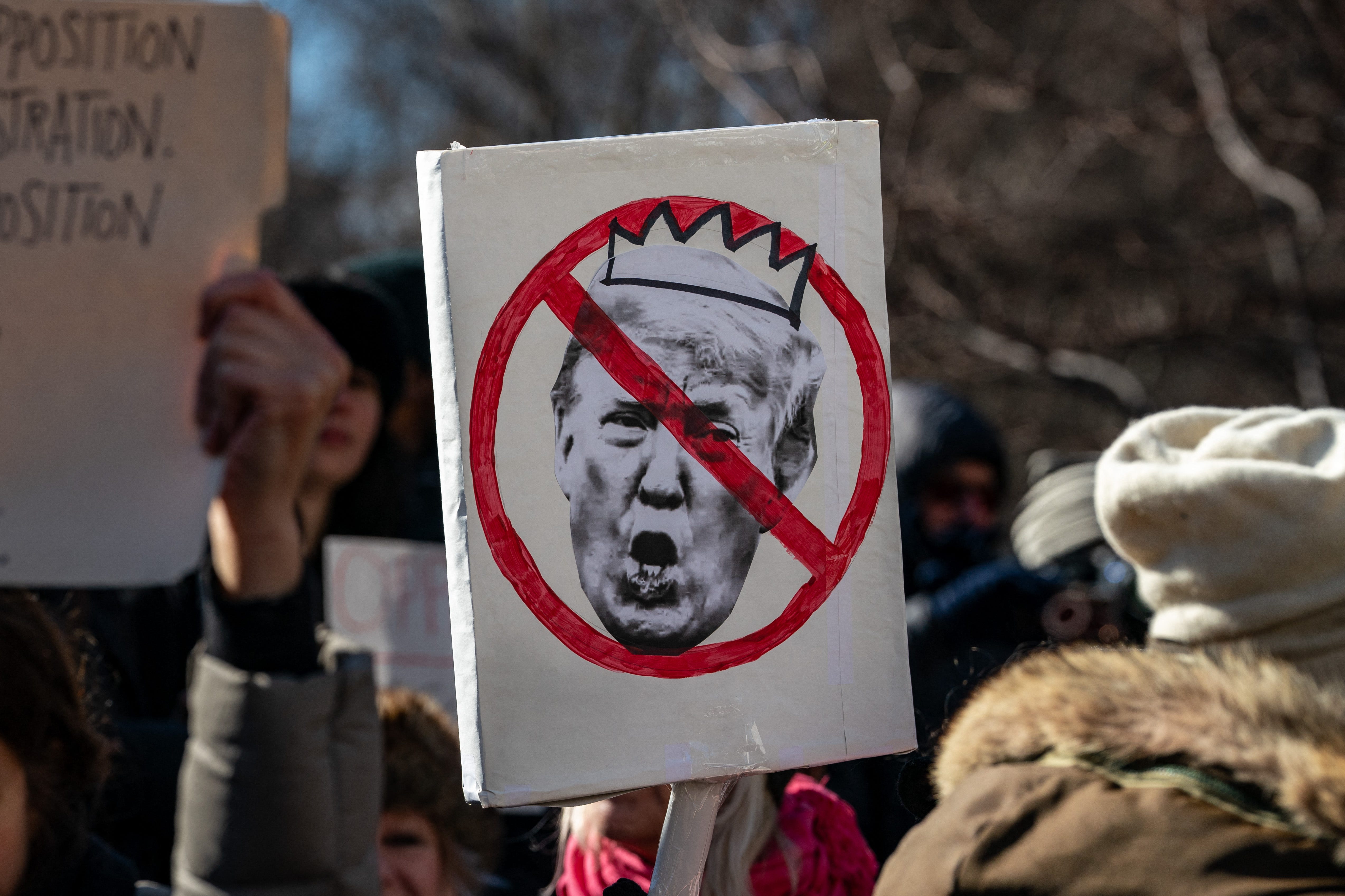 Protesters rally against President Donald Trump to mark Presidents Day on Feb. 17, 2025, in New York City.