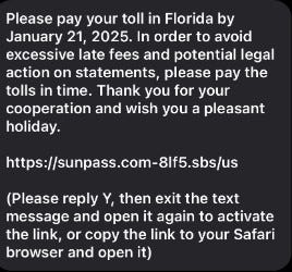 A scam toll text received by a USA TODAY staff member in Miami, Florida in January.