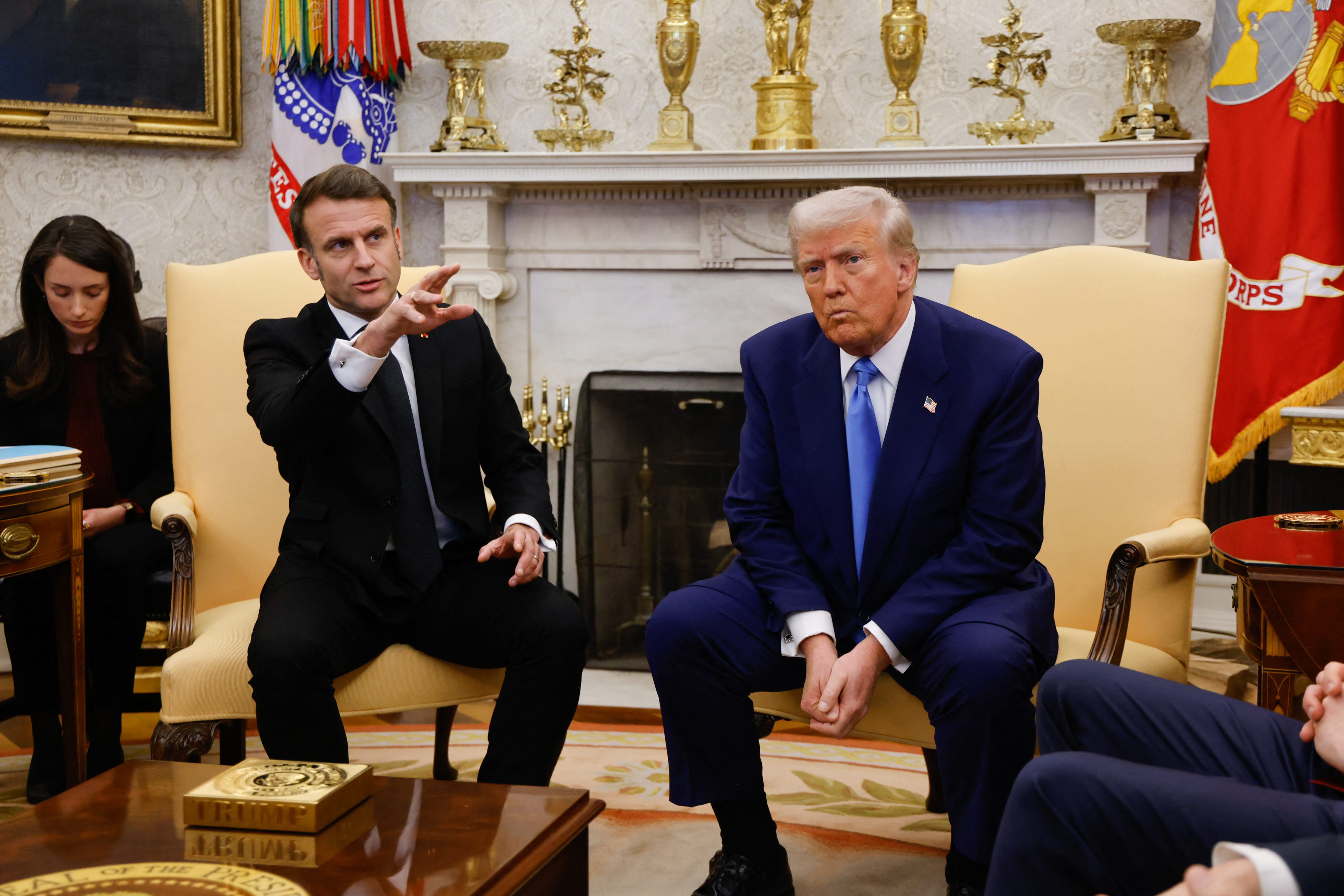 US President Donald Trump meets with French President Emmanuel Macron in the Oval Office of the White House in Washington, DC, on February 24, 2025. (Photo by Ludovic MARIN / AFP) (Photo by LUDOVIC MARIN/AFP via Getty Images)