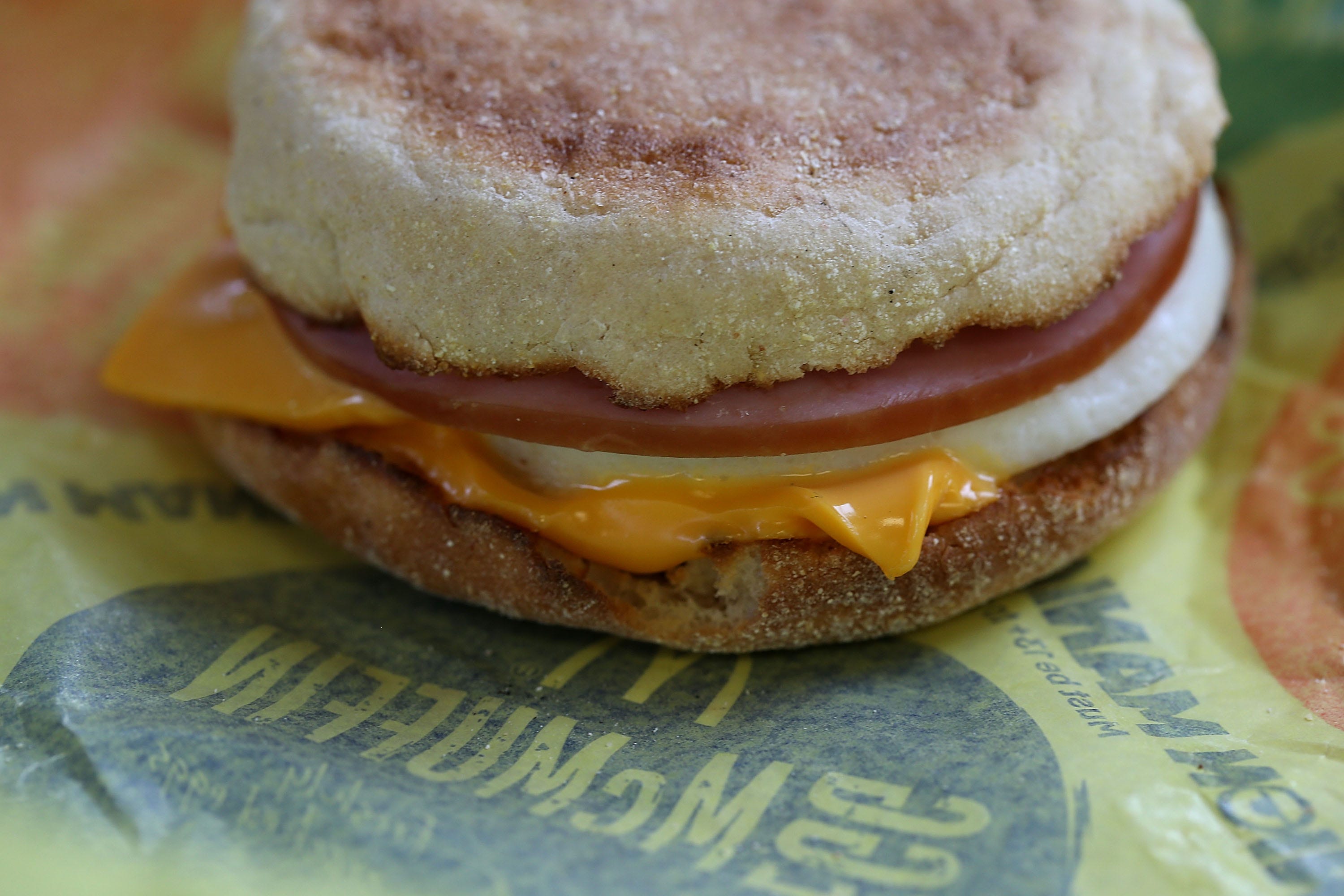 A McDonald's Egg McMuffin is displayed at a McDonald's restaurant on July 23, 2015 in Fairfield, California.