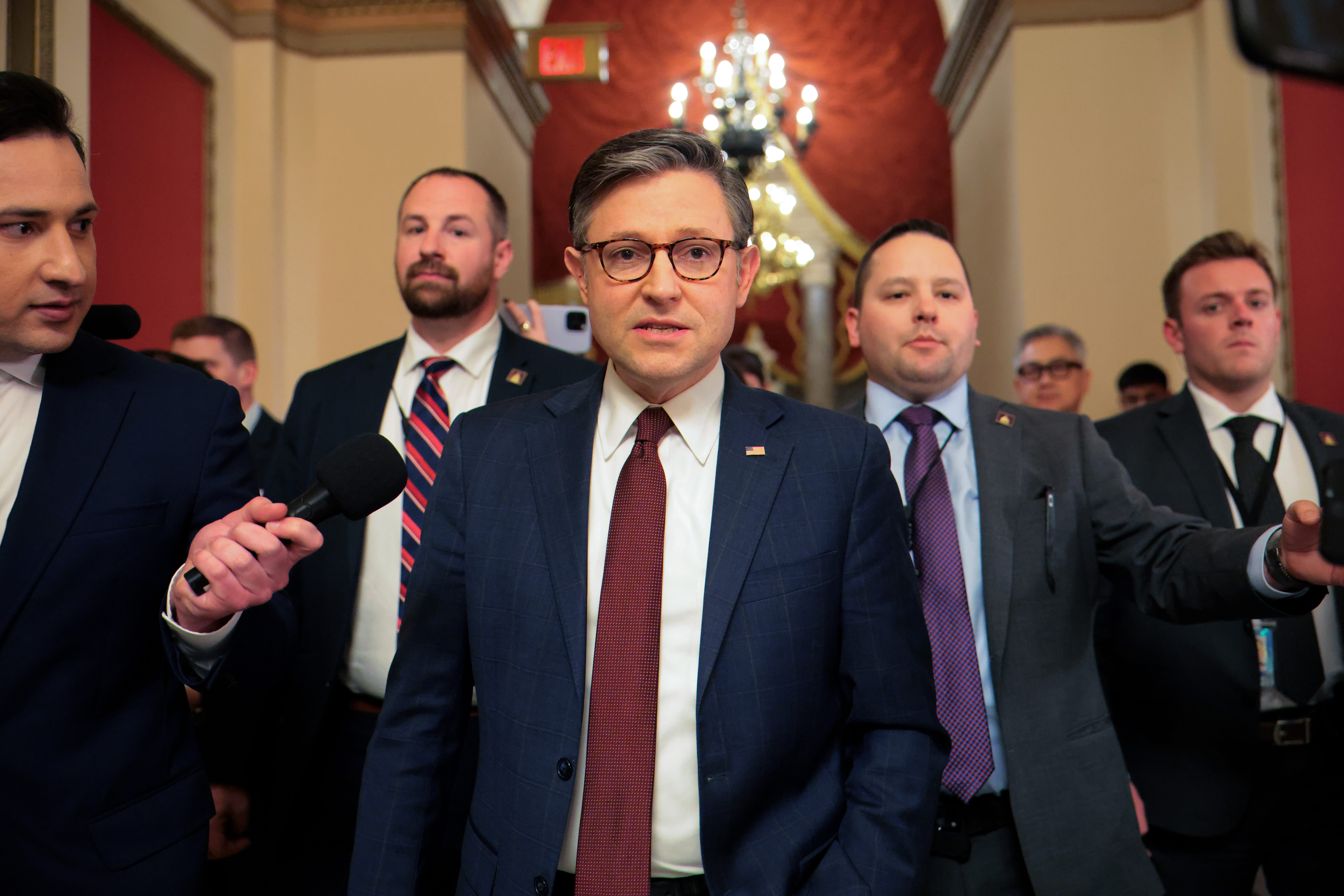 Speaker of the House Mike Johnson leaves after the House passed the Republican's budget resolution on the spending bill on February 25, 2025.