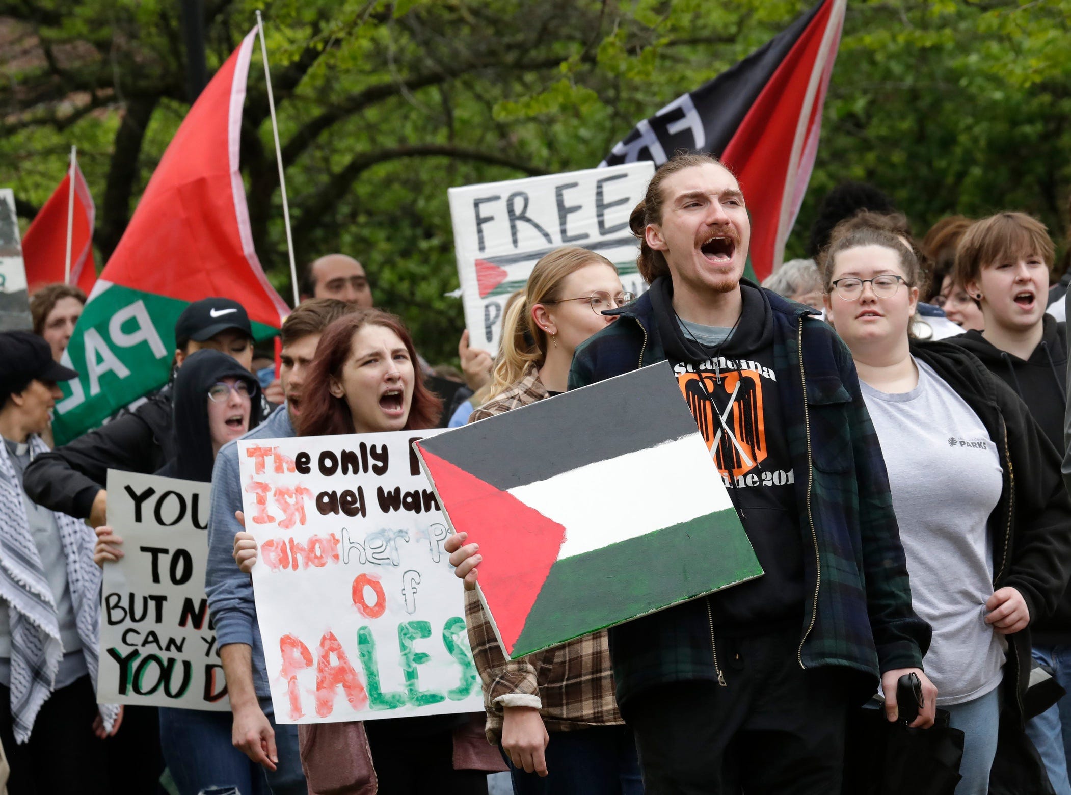 Protesters march for Palestinian rights in May 2024 at the University of Wisconsin-Oshkosh in Wisconsin.