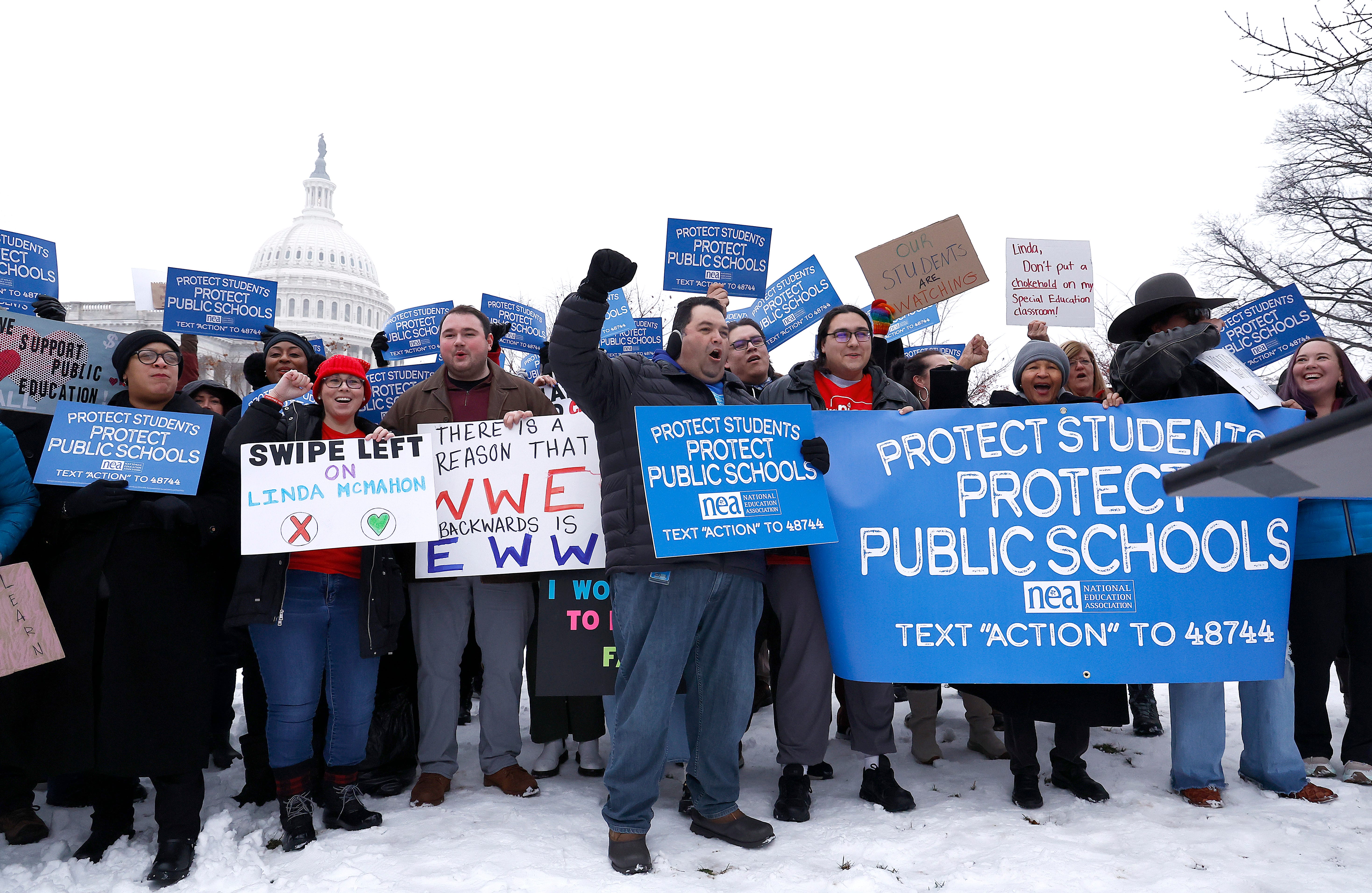 Parents, educators, community leaders and elected officials rally outside the U.S. Capitol to defend public education on Feb. 12, 2025.