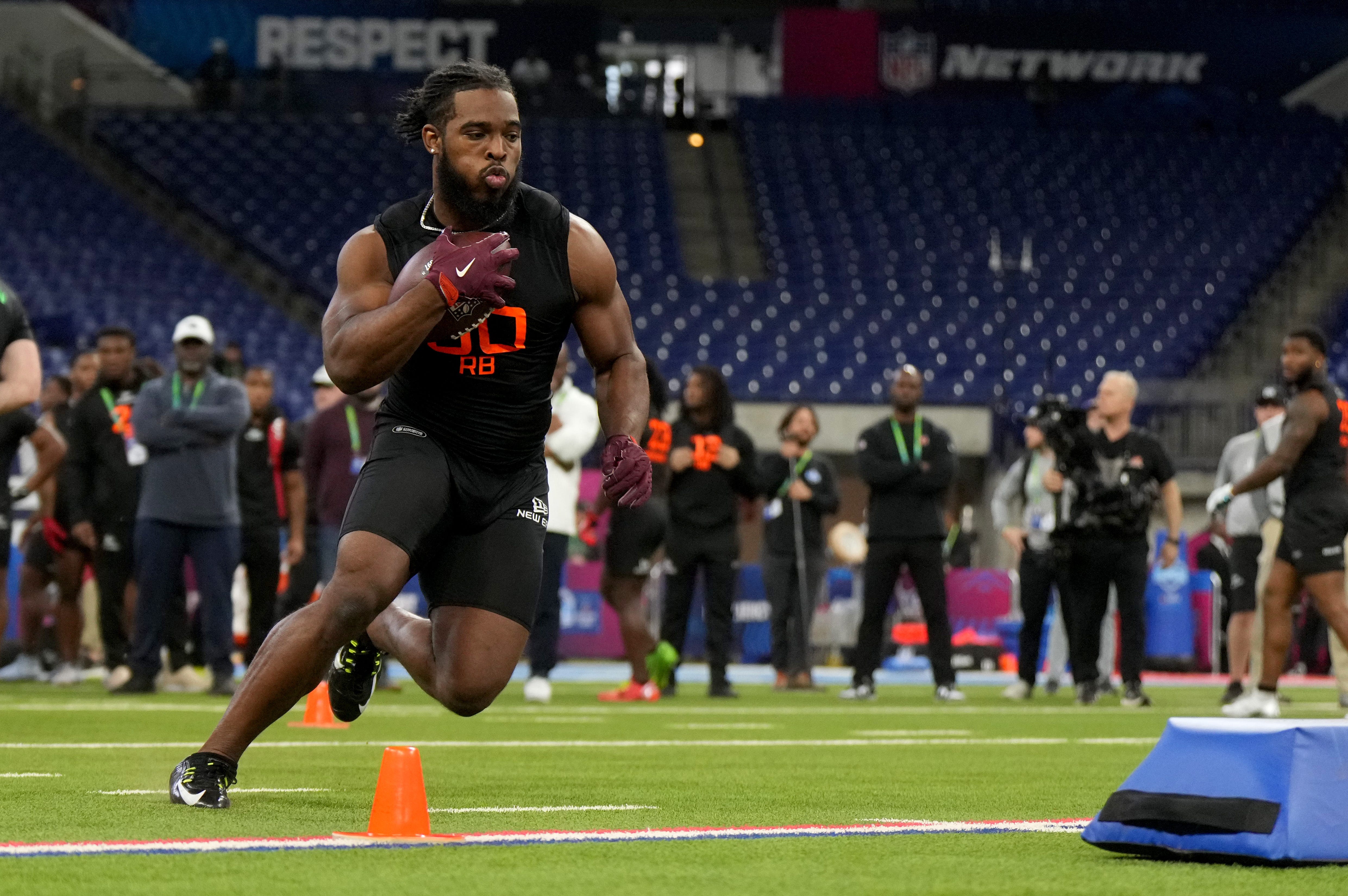 Mar 1, 2025; Indianapolis, IN, USA; Virginia Tech running back Bhayshul Tuten (RB30) during the 2025 NFL Combine at Lucas Oil Stadium. Mandatory Credit: Kirby Lee-Imagn Images