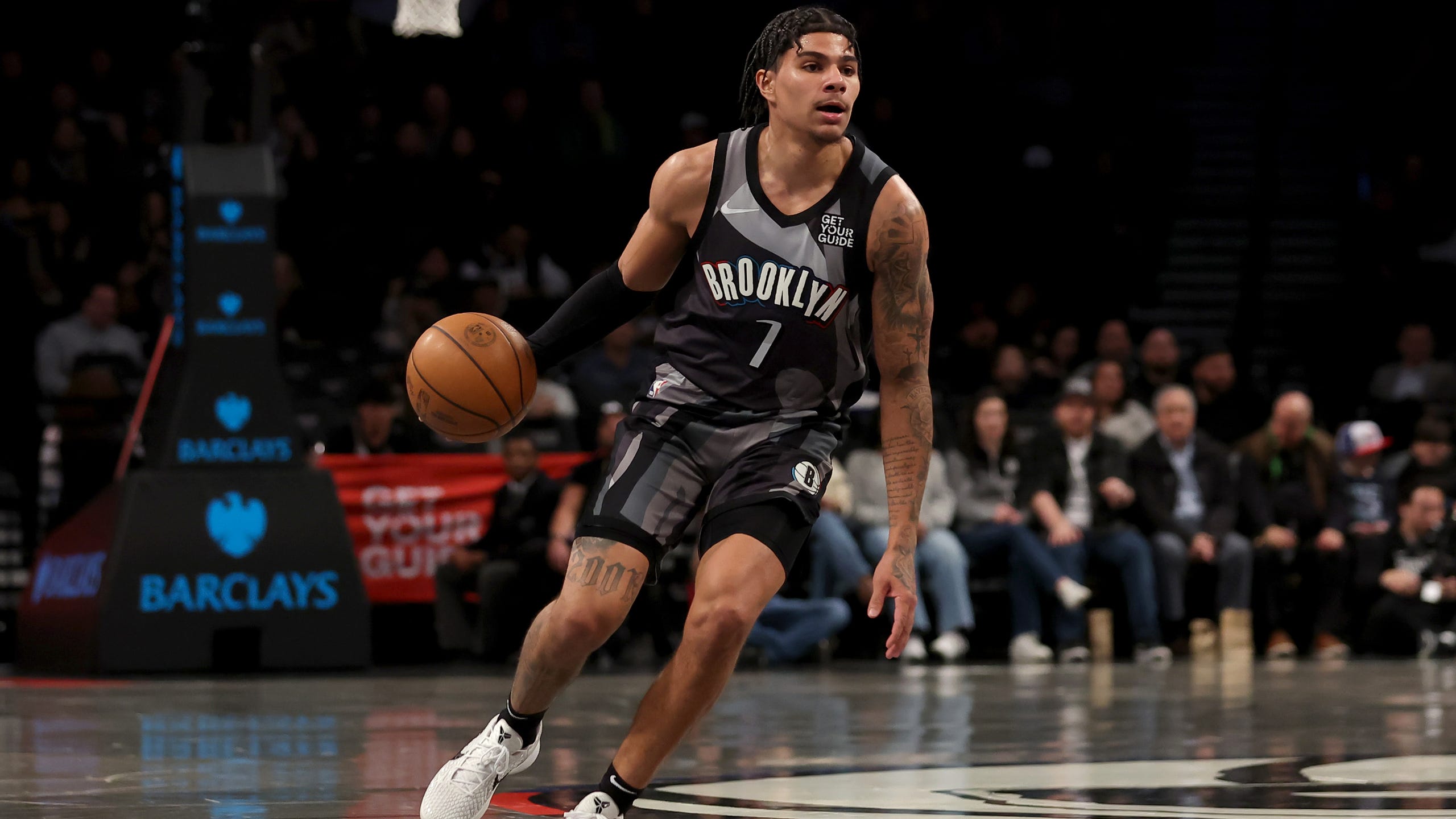 Feb 22, 2025; Philadelphia, Pennsylvania, USA; Brooklyn Nets guard Killian Hayes (7) controls the ball against the Philadelphia 76ers during the second quarter at Wells Fargo Center. Mandatory Credit: Bill Streicher-Imagn Images / Bill Streicher-Imagn Images