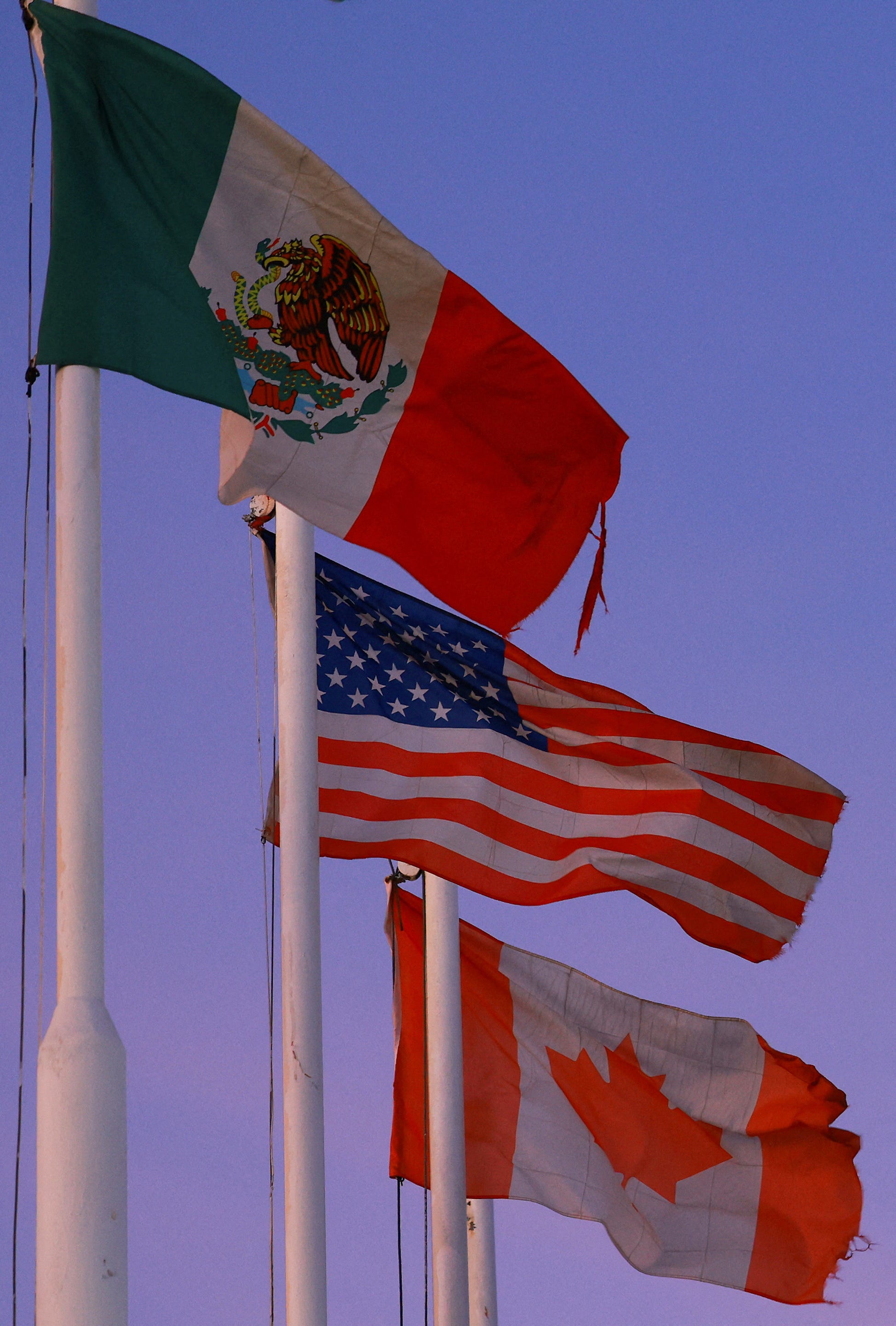 The flags of Mexico, the United States and Canada fly in Ciudad Juarez, Mexico February 1, 2025. REUTERS/Jose Luis Gonzalez