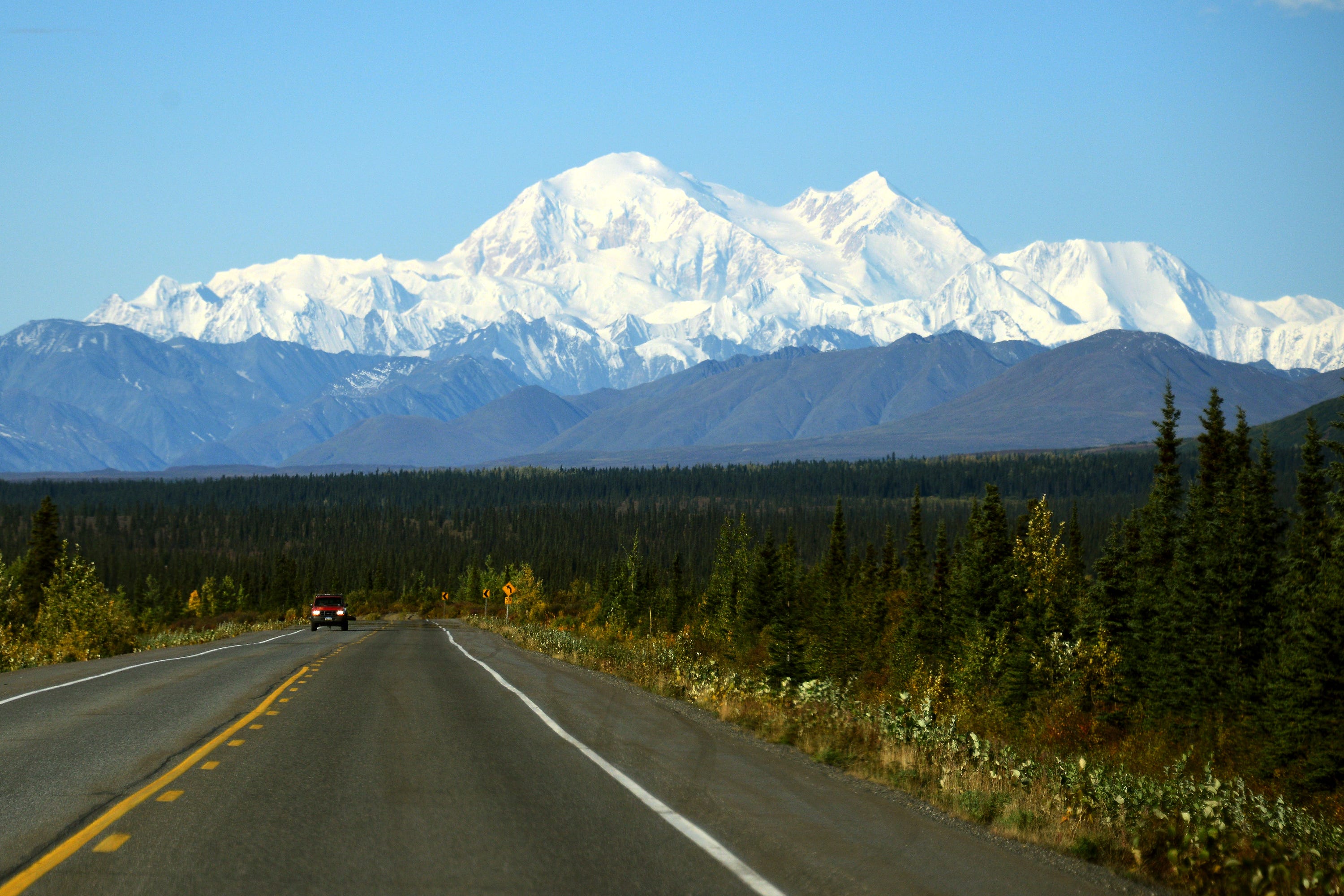 DENALI NATIONAL PARK, AK - SEPTEMBER 1: A view of Denali, formerly known as Mt. McKinley, on September 1, 2015 in Denali National Park, Alaska. According to the National Park Service, the summit elevation of Denali is 20,320 feet and is the highest mountain peak in North America.