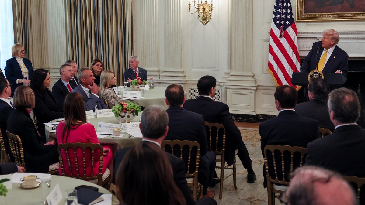 Maine Gov. Janet Mills stands as President Donald Trump speaks during a business session with U.S. governors at the White House on Feb. 21, 2025.