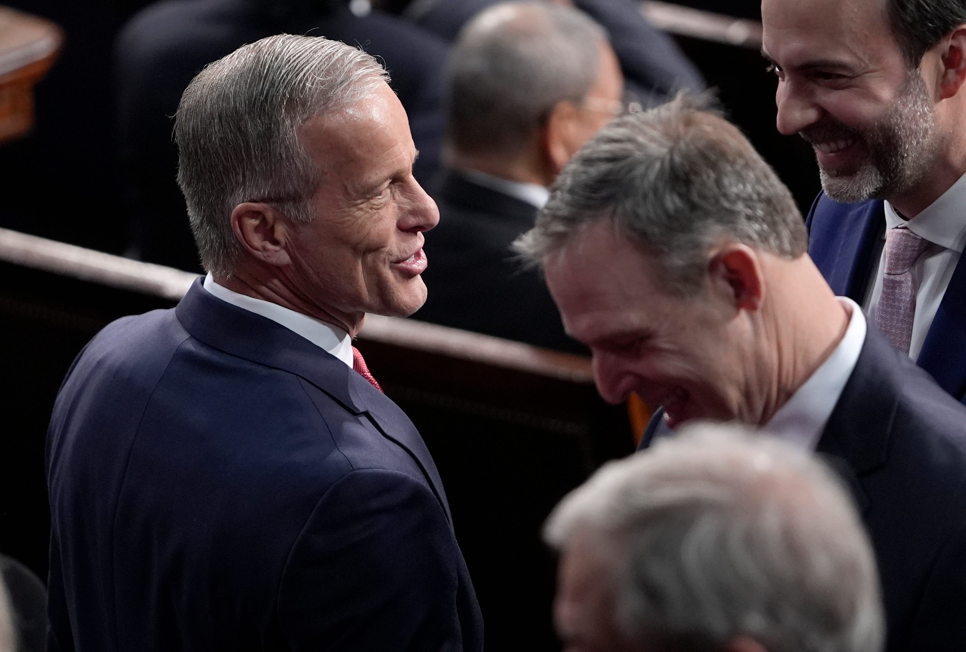 Mar 4, 2025; Washington, DC, USA; Senate Majority Leader John Thune, R-S.D., is seen ahead of President Trump's address to a joint session of Congress at the U.S. Capitol in Washington, D.C., on March 4, 2025. Mandatory Credit: Jack Gruber-USA TODAY