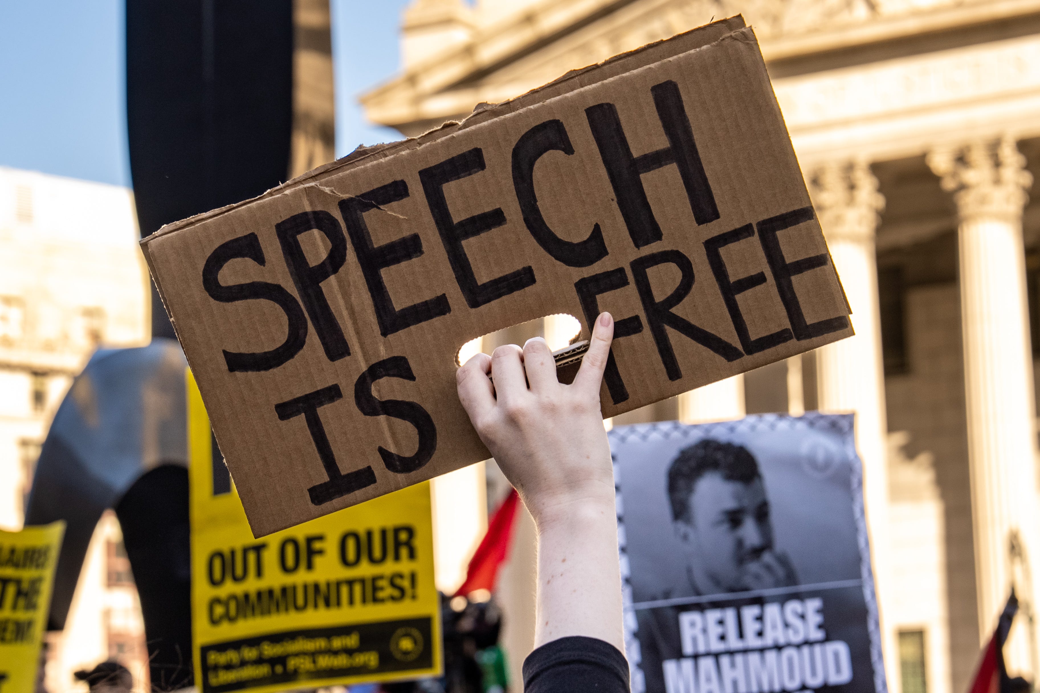 Protesters gather on March 10, 2025, in New York City to demand the release of Mahmoud Khalil.