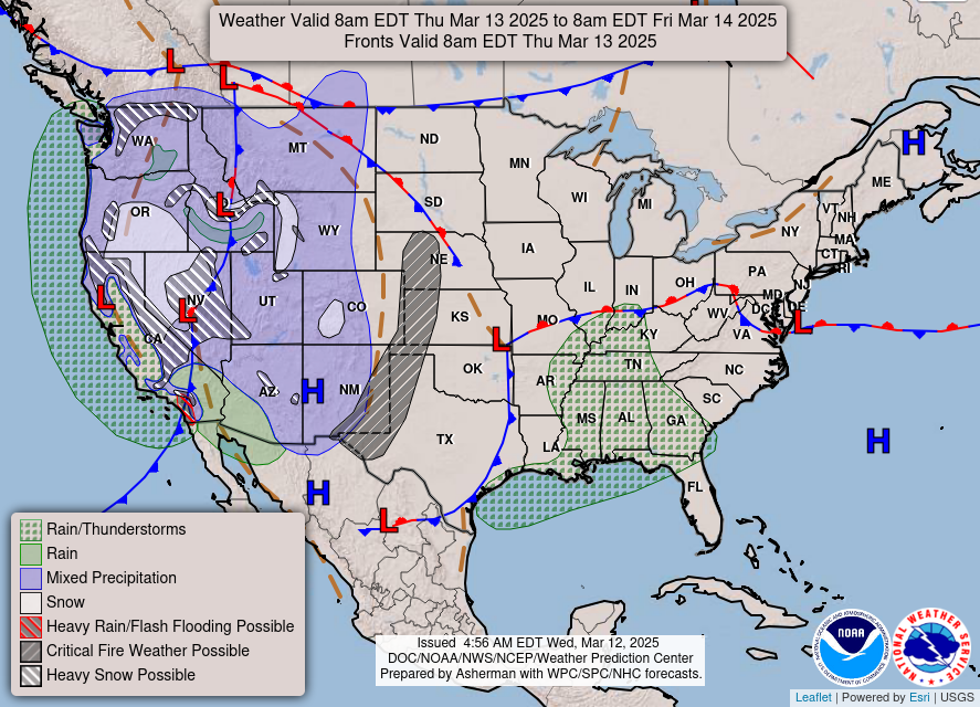 A potent storm will continue to pelt the western U.S. with rain and snow on Thursday before heading east on Friday and Saturday.