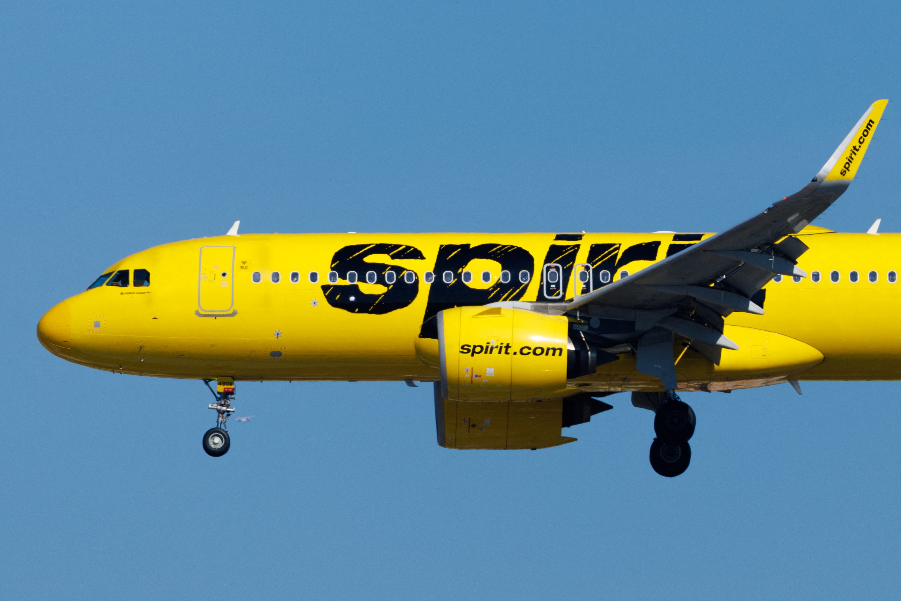 A Spirit commercial airliner prepares to land at San Diego International Airport in San Diego, California, U.S., January 18, 2024.