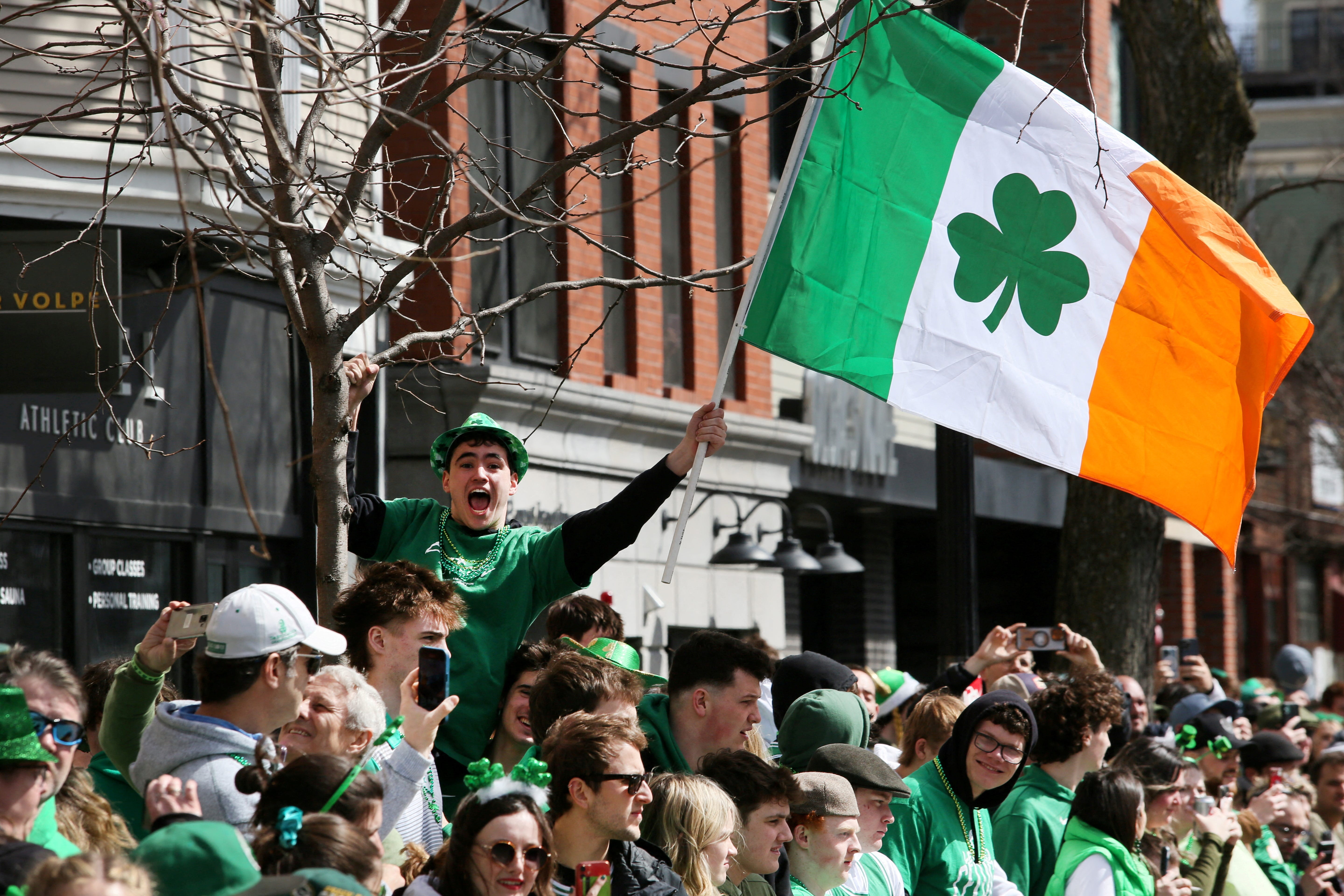 Marching bands and performers in the Boston parade