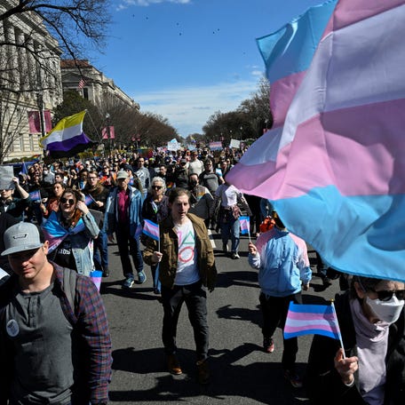 Demonstrators march in support of trans rights in Washington, DC, on March 1, 2025.