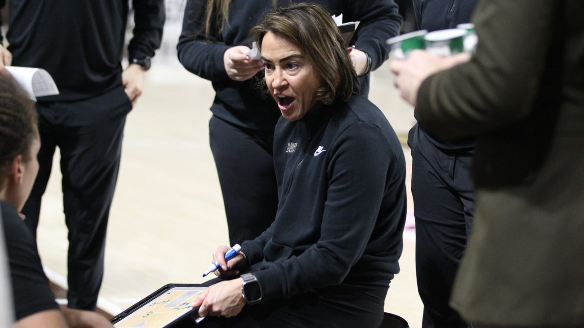 Army head coach Missy Traversi addresses her team during the Patriot League women's basketball championship in Bethlehem, Pa., on March 16, 2025. Lehigh beat Army 74-62.