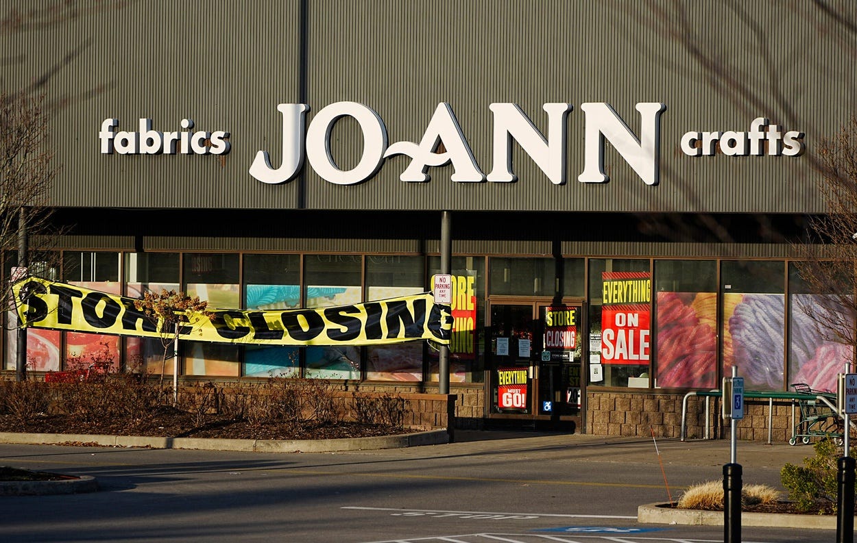 Joann, a fabric and craft store in Penfield, has closing signs with markdowns in their windows on March 19, 2025.