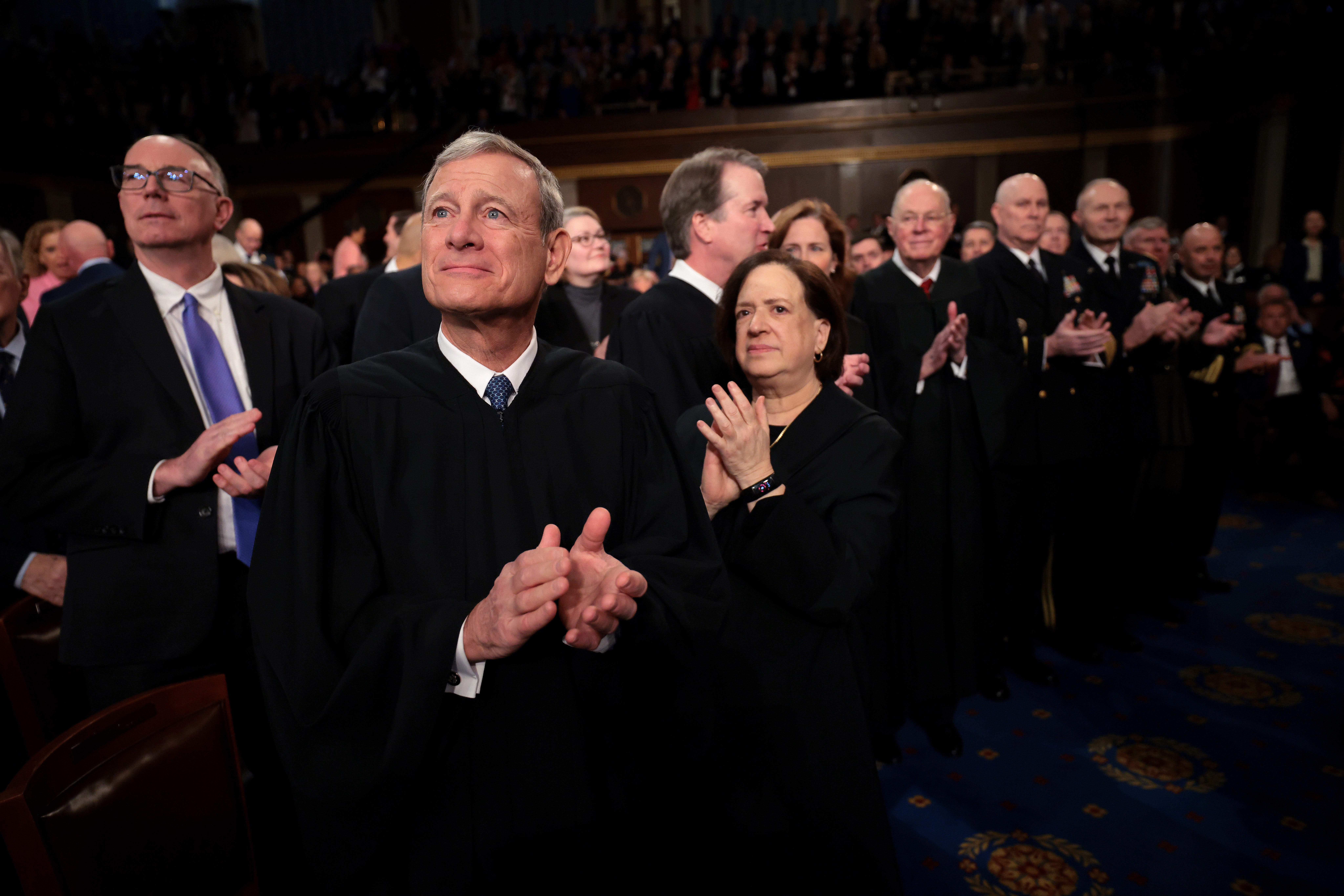 Mar 4, 2025; Washington, DC, USA; Chief Justice of the Supreme Court John Roberts and Justice Elena Kagan attend U.S. President Donald Trump's address to a joint session of Congress at the U.S. Capitol on March 04, 2025 in Washington, DC. President Trump was expected to address Congress on his early achievements of his presidency and his upcoming legislative agenda. Mandatory Credit: Win McNamee-Pool