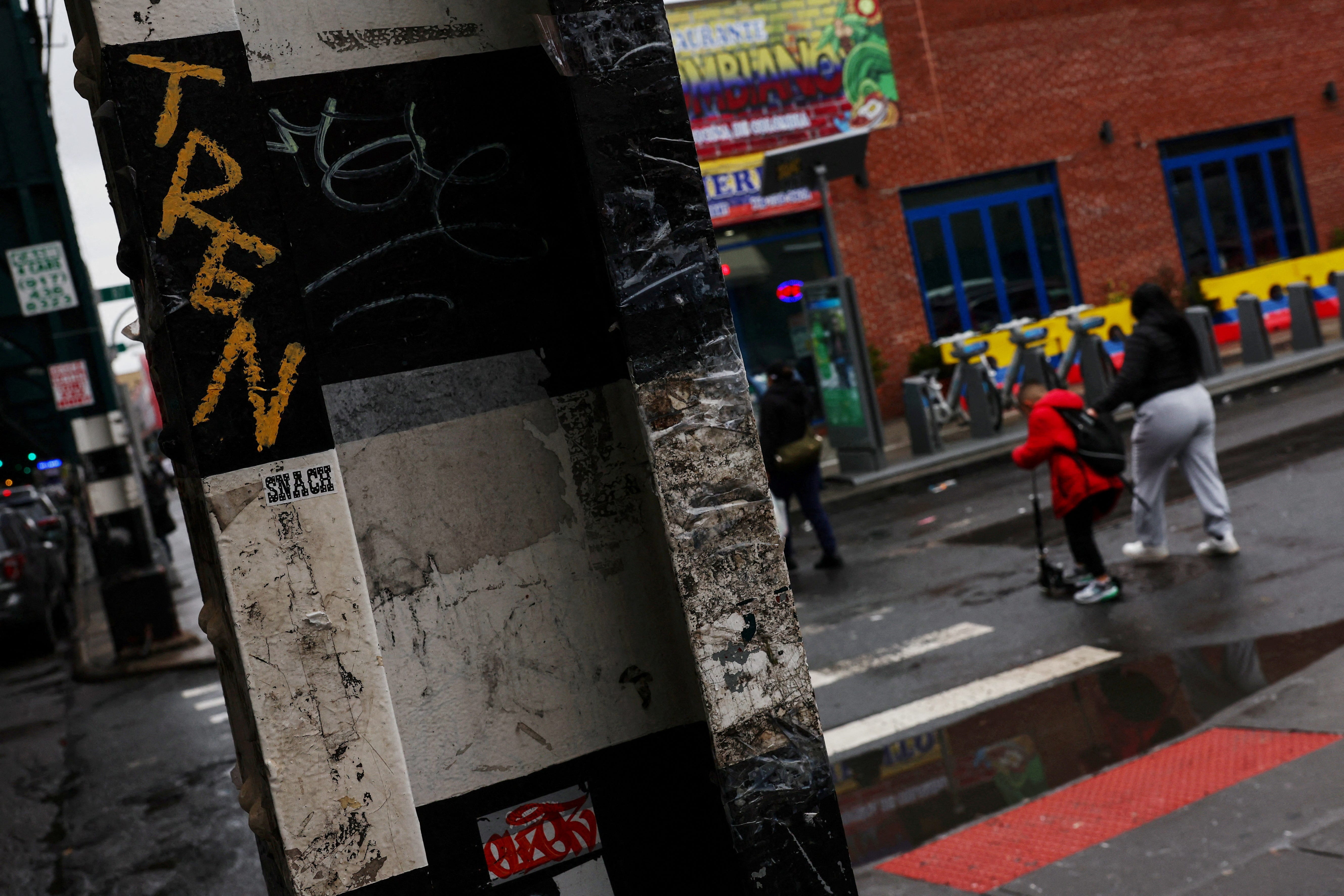 Tren de Aragua graffiti is seen on a steel beam, as the Trump administration deported more than 200 Venezuelans, alleged members of the Venezuelan gang, to El Salvador over the weekend, in the Elmhurst neighborhood of the borough of Queens in New York City, on March 17, 2025.