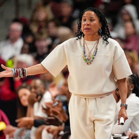 South Carolina head coach Dawn Staley during the first half against the Tennessee Tech Golden Eagles at Colonial Life Arena for Round of March Madness.