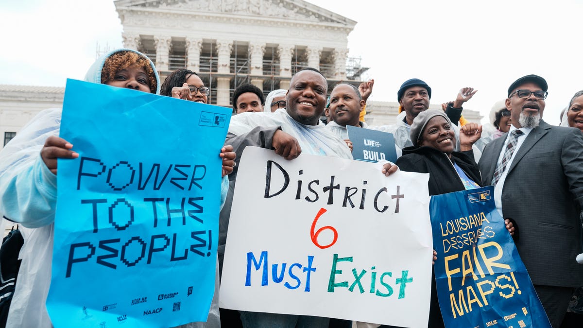 People rally outside the U.S. Supreme Court following arguments heard in Louisiana v. Callais on March 24, 2025. On April 29, 2026, the nation's highest court struck down a Louisiana congressional map that a group of voters who describe themselves as “non-African American” had challenged as the product of unconstitutional racial gerrymandering. By a vote of 6-3, the justices left in place a ruling by a federal court that barred the state from using the map, which had created a second
 majority-Black district, in future elections.