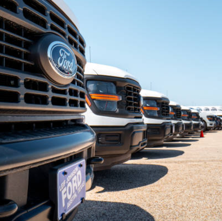 Ford-150 pickup trucks are displayed for sale at a dealership on March 24, 2025 in Austin, Texas.