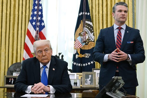 President Donald Trump listens as Secretary of Defense Pete Hegseth speaks during an event in the Oval Office of the White House in Washington, DC, on March 21, 2025.