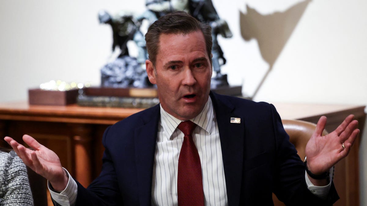 U.S. National Security Advisor Mike Waltz speaks in front of a scale model of the Iwo Jima Memorial as U.S. President Donald Trump meets with U.S. ambassador nominees at the White House in Washington, D.C., U.S., March 25, 2025. REUTERS/Evelyn Hockstein