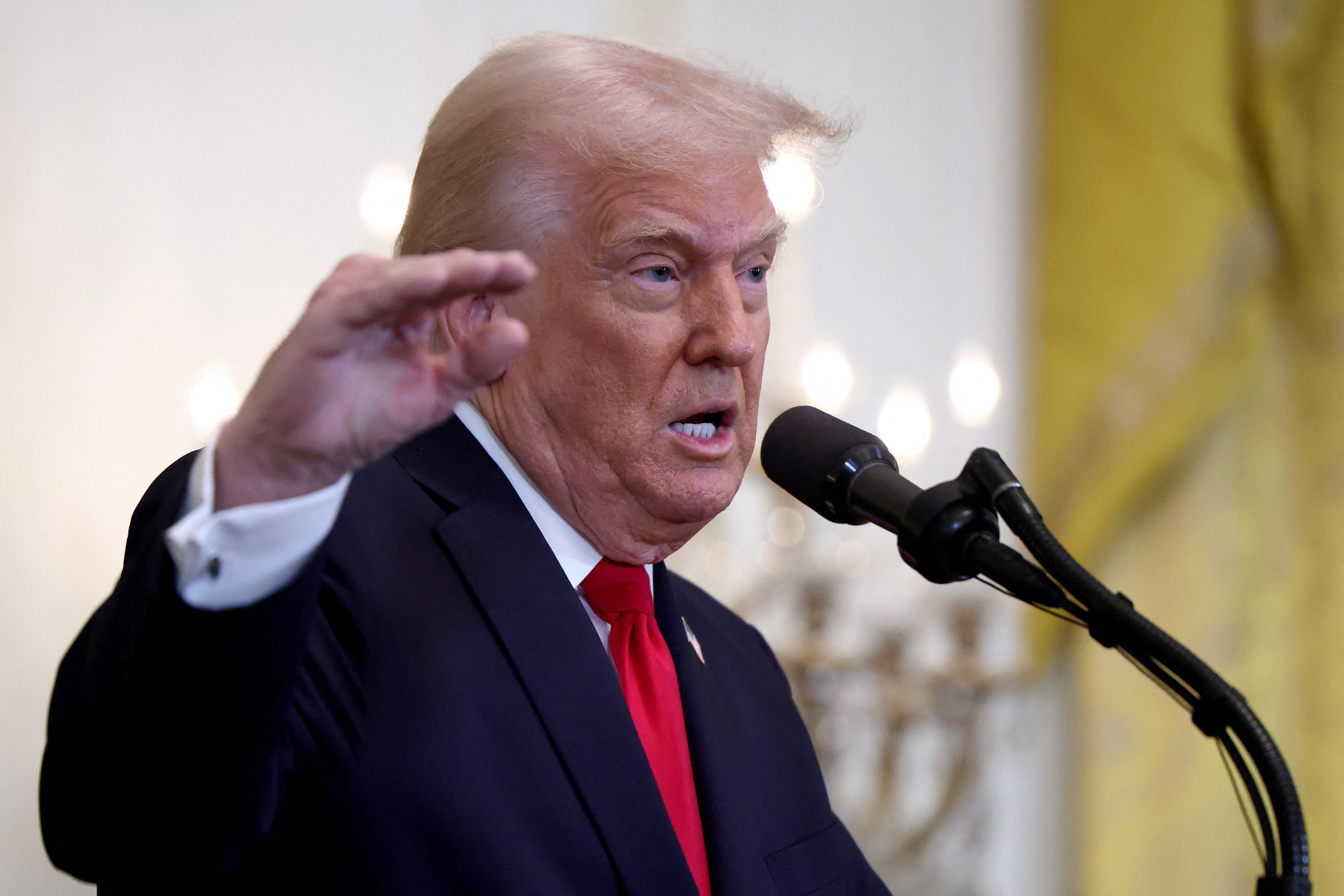 U.S. President Donald Trump speaks during a Women's History Month event at the White House in Washington, D.C., U.S., March 26, 2025.