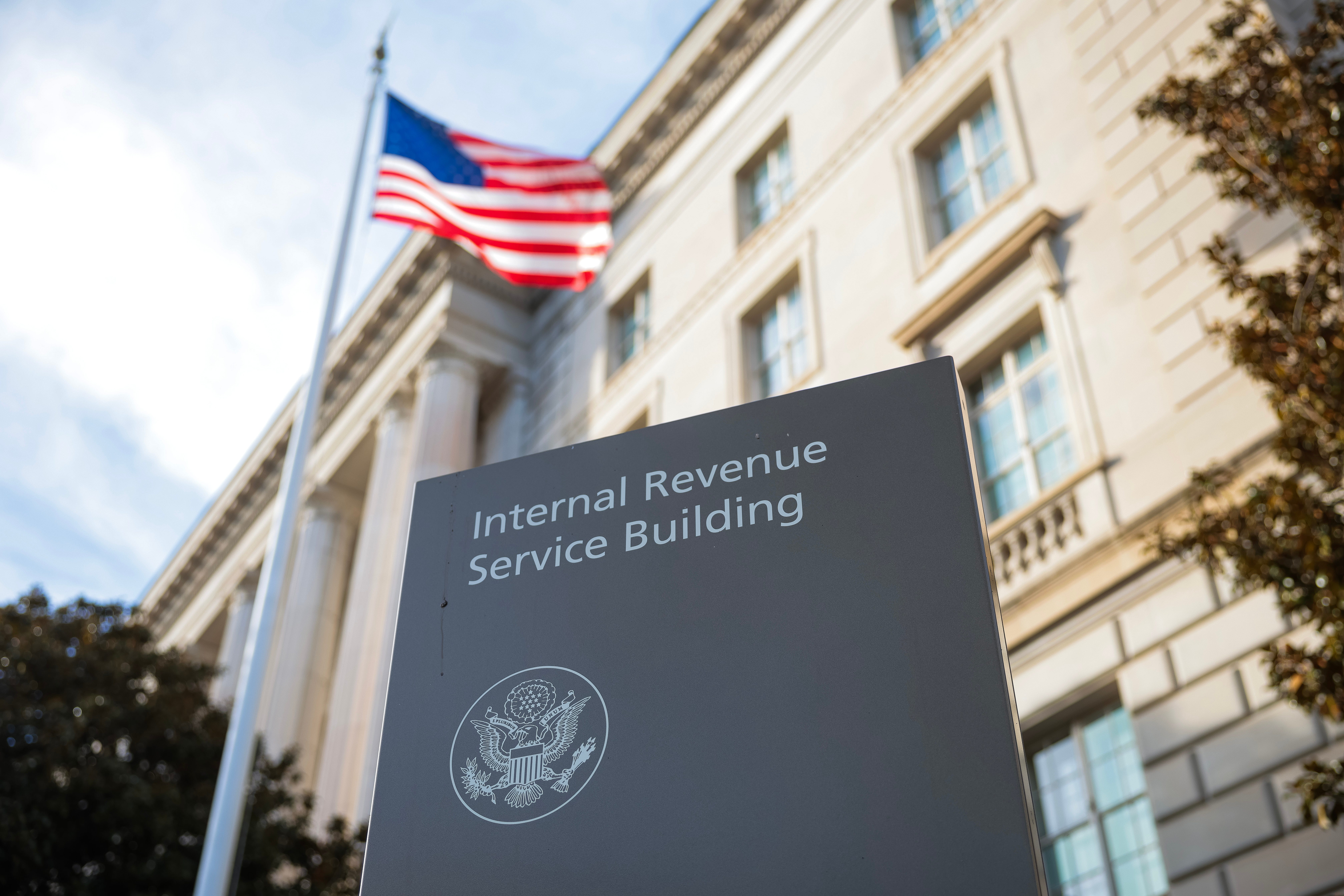 WASHINGTON, DC - FEBRUARY 13: A sign for the Internal Revenue Service (IRS) is seen outside its building on February 13, 2025 in Washington, DC. Members of Elon Musk's Department of Government Efficiency (DOGE) arrived at the Internal Revenue Service to begin examining the agency's operations. (Photo by Kayla Bartkowski/Getty Images)