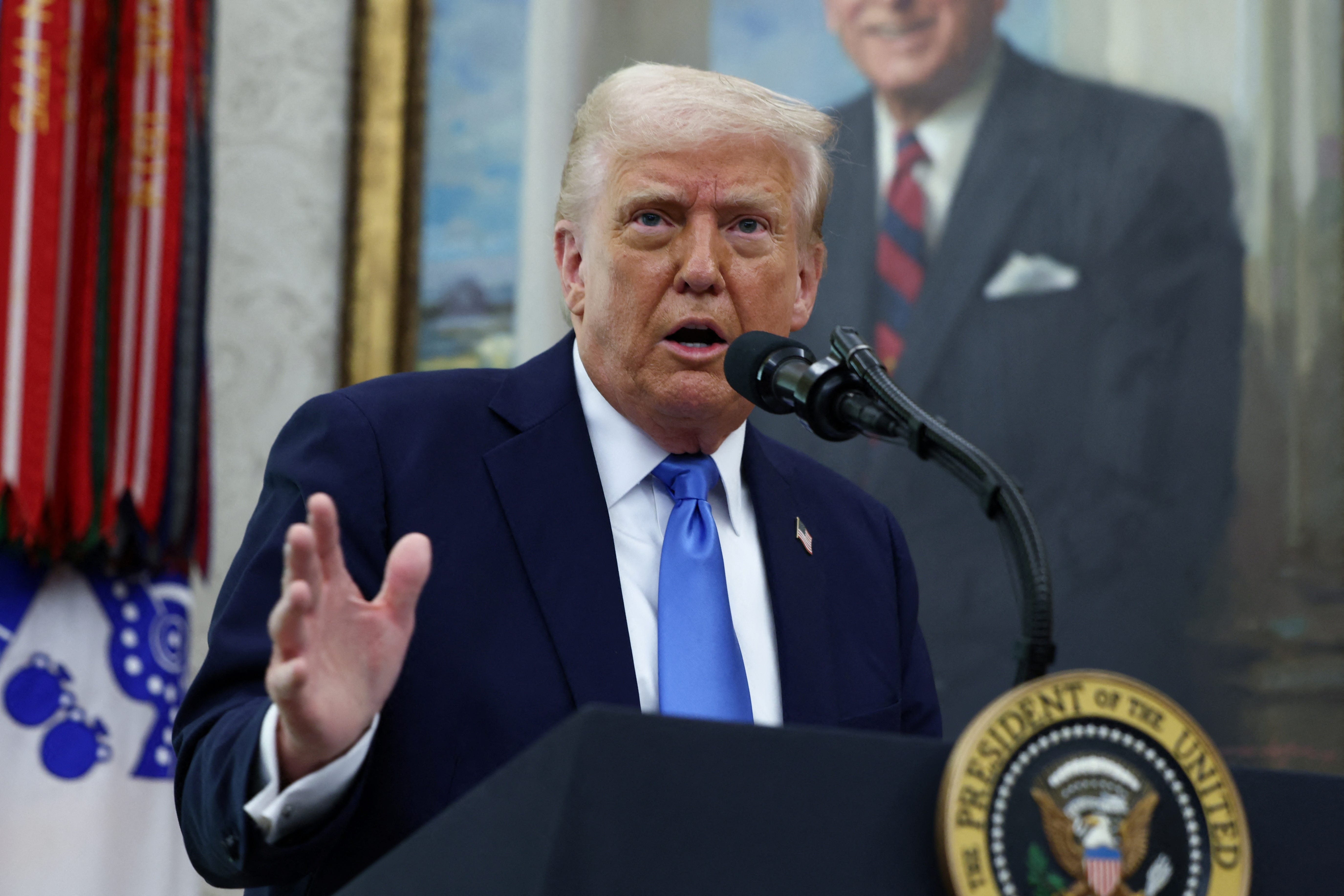 President Donald Trump speaks during a swearing-in ceremony for Alina Habba as interim U.S. Attorney for the District of New Jersey, in the Oval Office at the White House in Washington, D.C., on March 28, 2025.