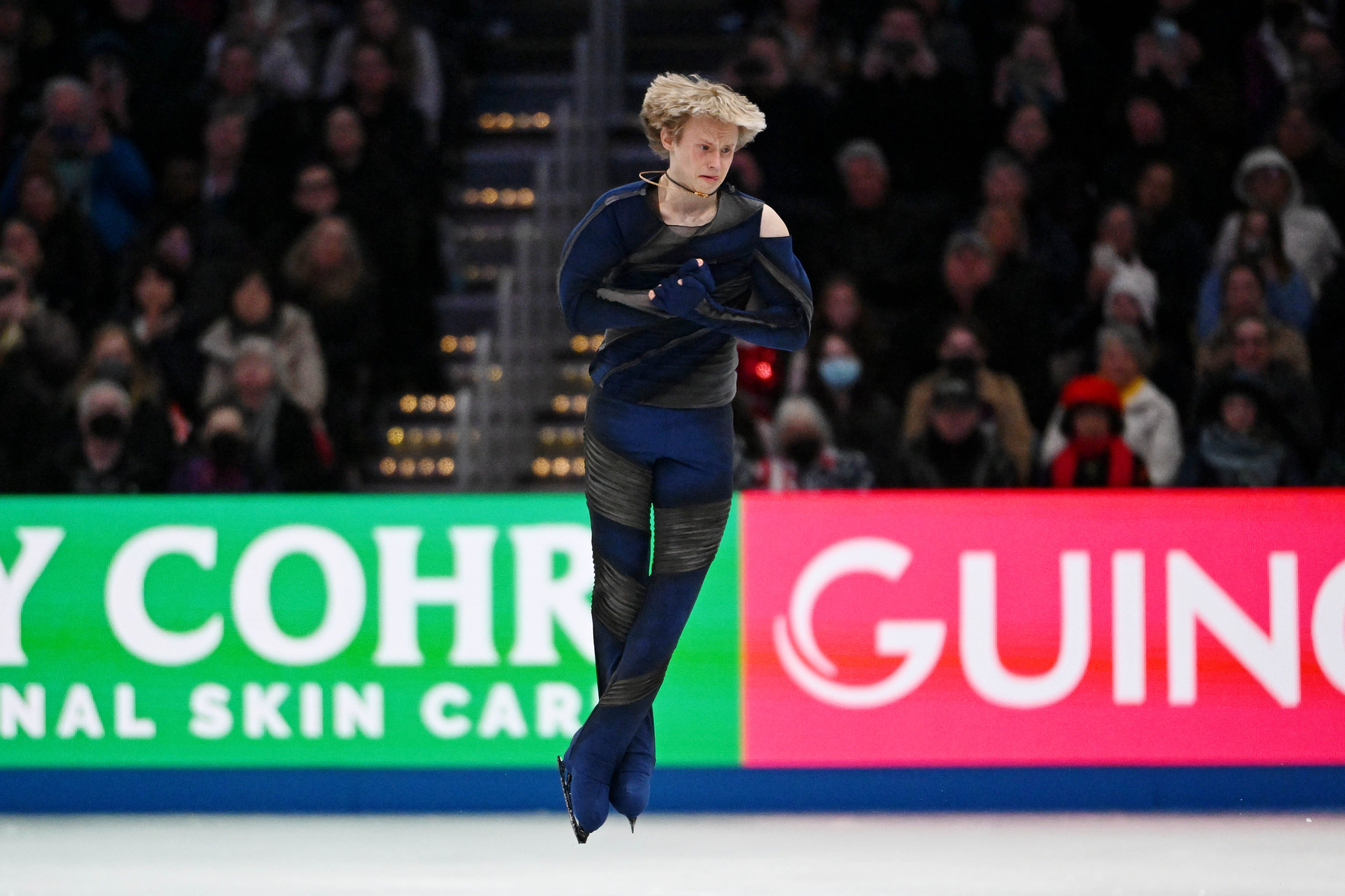 Ilia Malinin (USA) competes in the men's short program during the ISU World Figure Skating Championships at TD Garden.