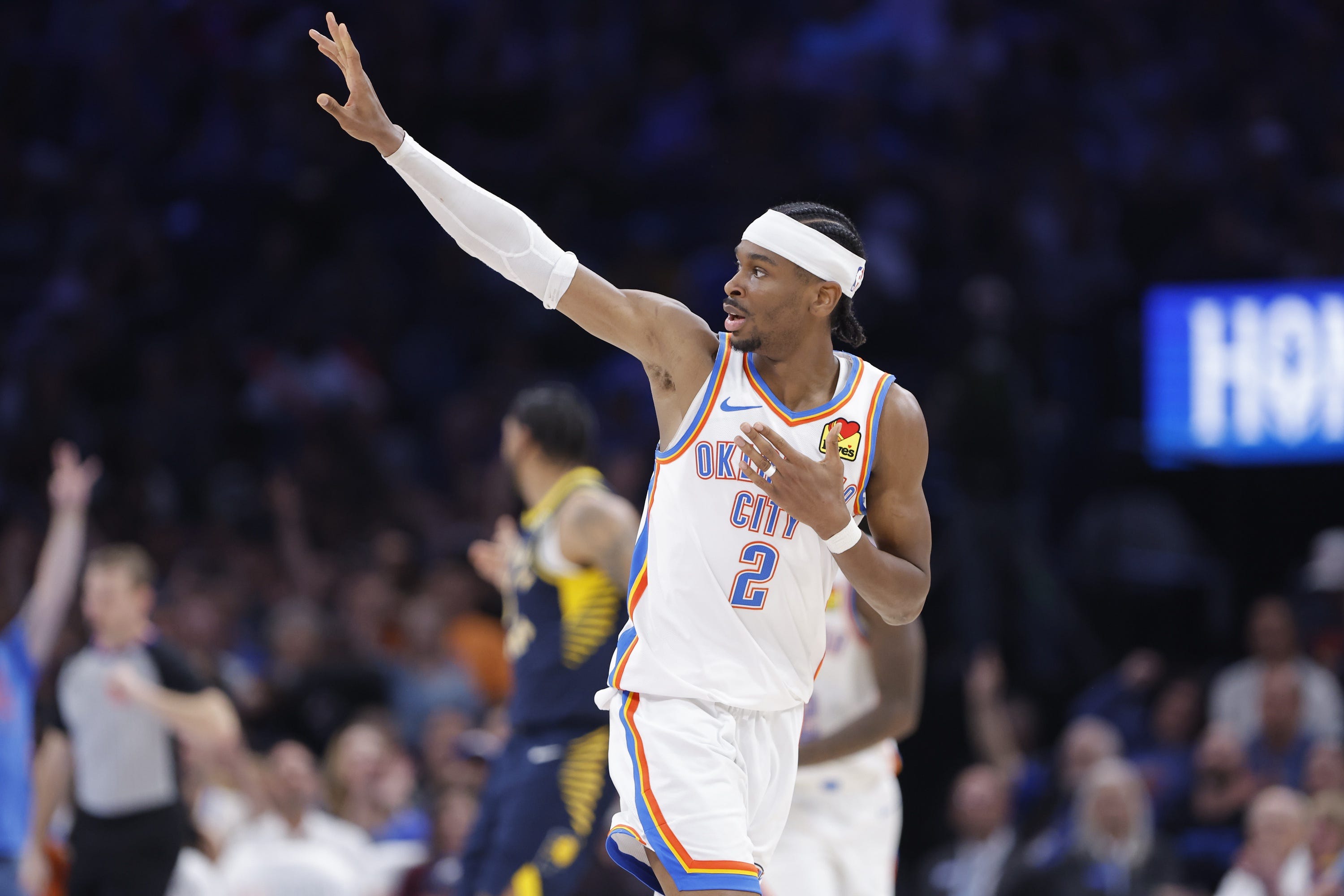 Oklahoma City Thunder guard Shai Gilgeous-Alexander (2) gestures after scoring against the Indiana Pacers during the second half at Paycom Center.