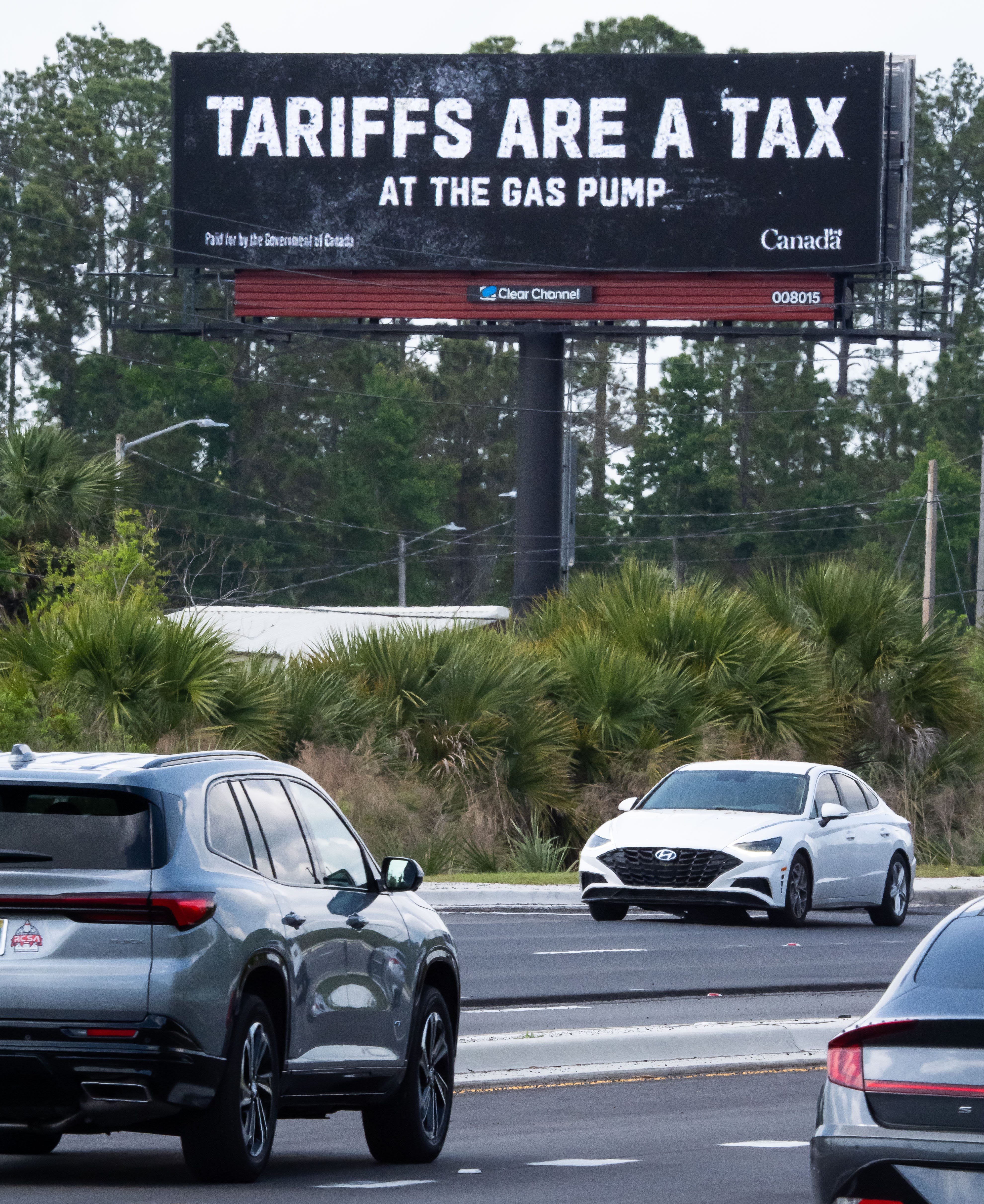 A tariffs billboard, paid for by the Canadian government, is shown in Jacksonville, Fla., on March 31, 2025.
