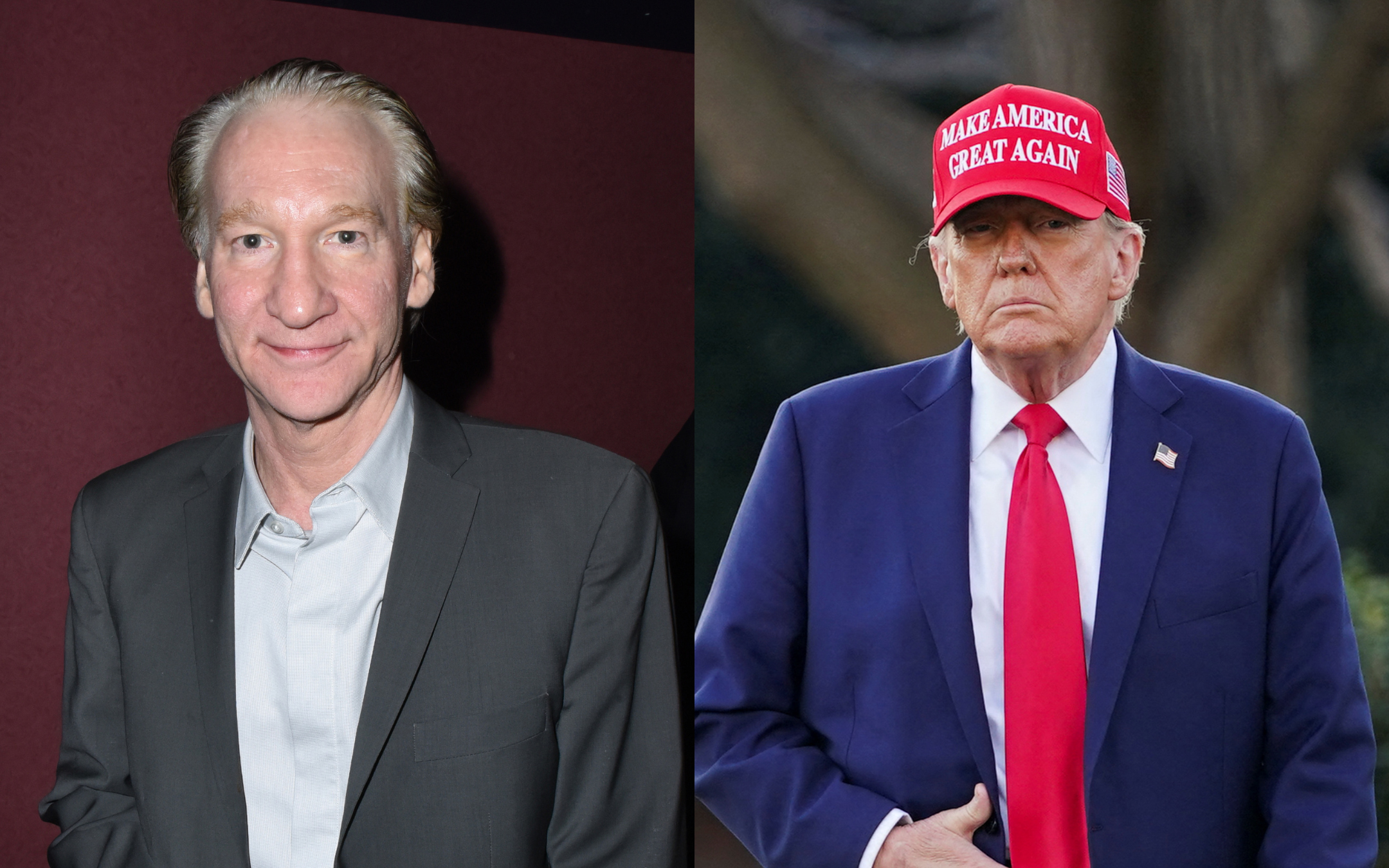 Bill Maher, left, seen on Oct. 24, 2017, and Donald Trump, right, on Feb. 28, 2025.