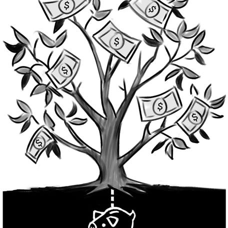 Illustration of a piggy bank buried under a tree, which is growing money.
