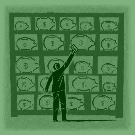 Illustration of a man putting money into several piggy banks for retirement.